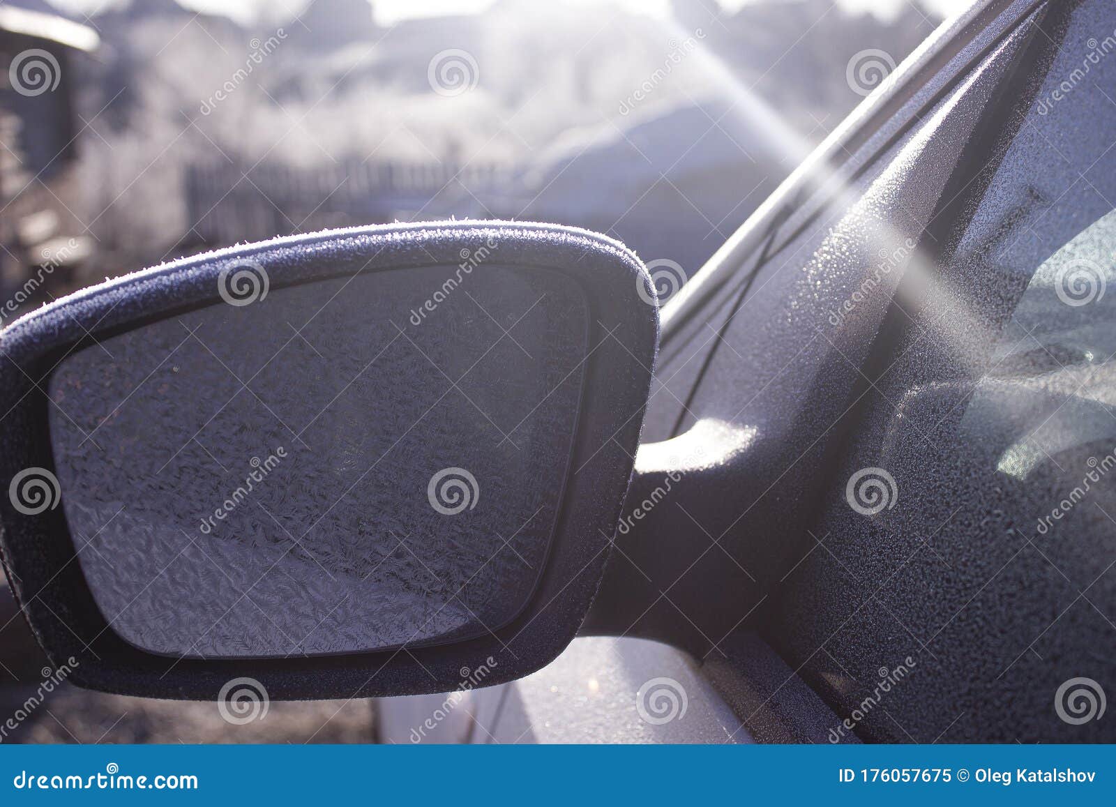 Frozen Side Mirror of the Car. Outer Mirror Covered with Hoarfrost