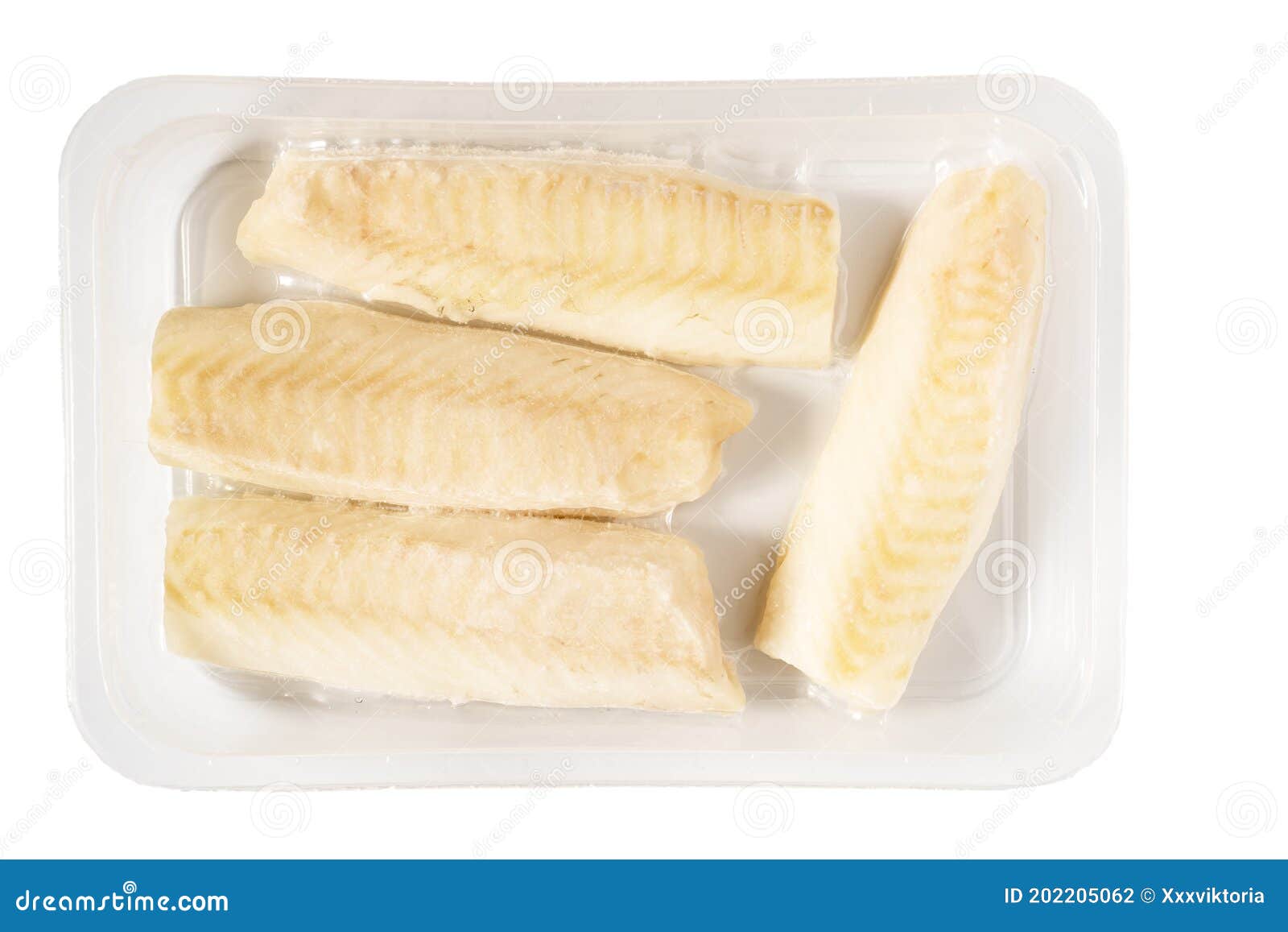 Frozen Vacuum Packed Cod Fish Loins or Fillets in Plastic, Isolated on