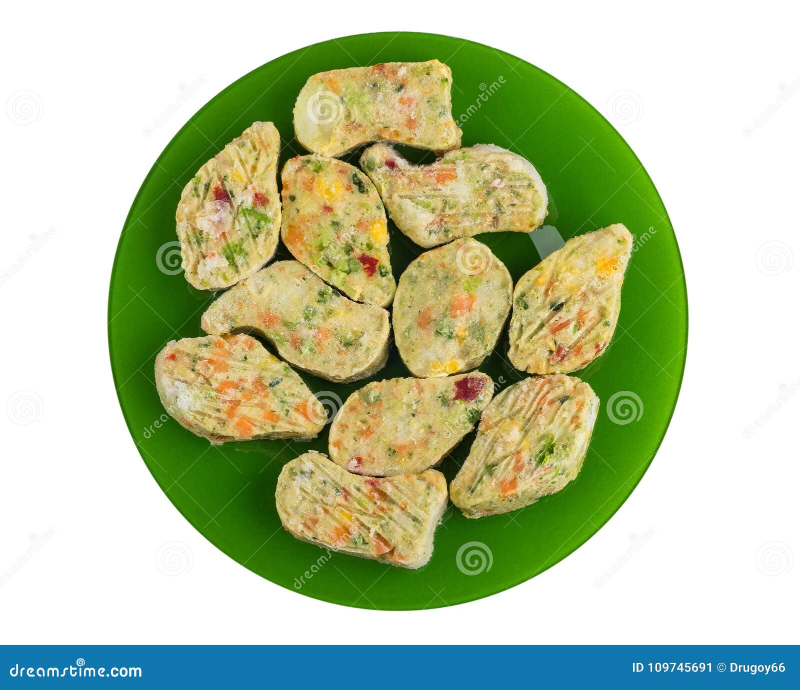 Frozen Vegetable Nuggets in Green Plate Isolated on White Stock Image