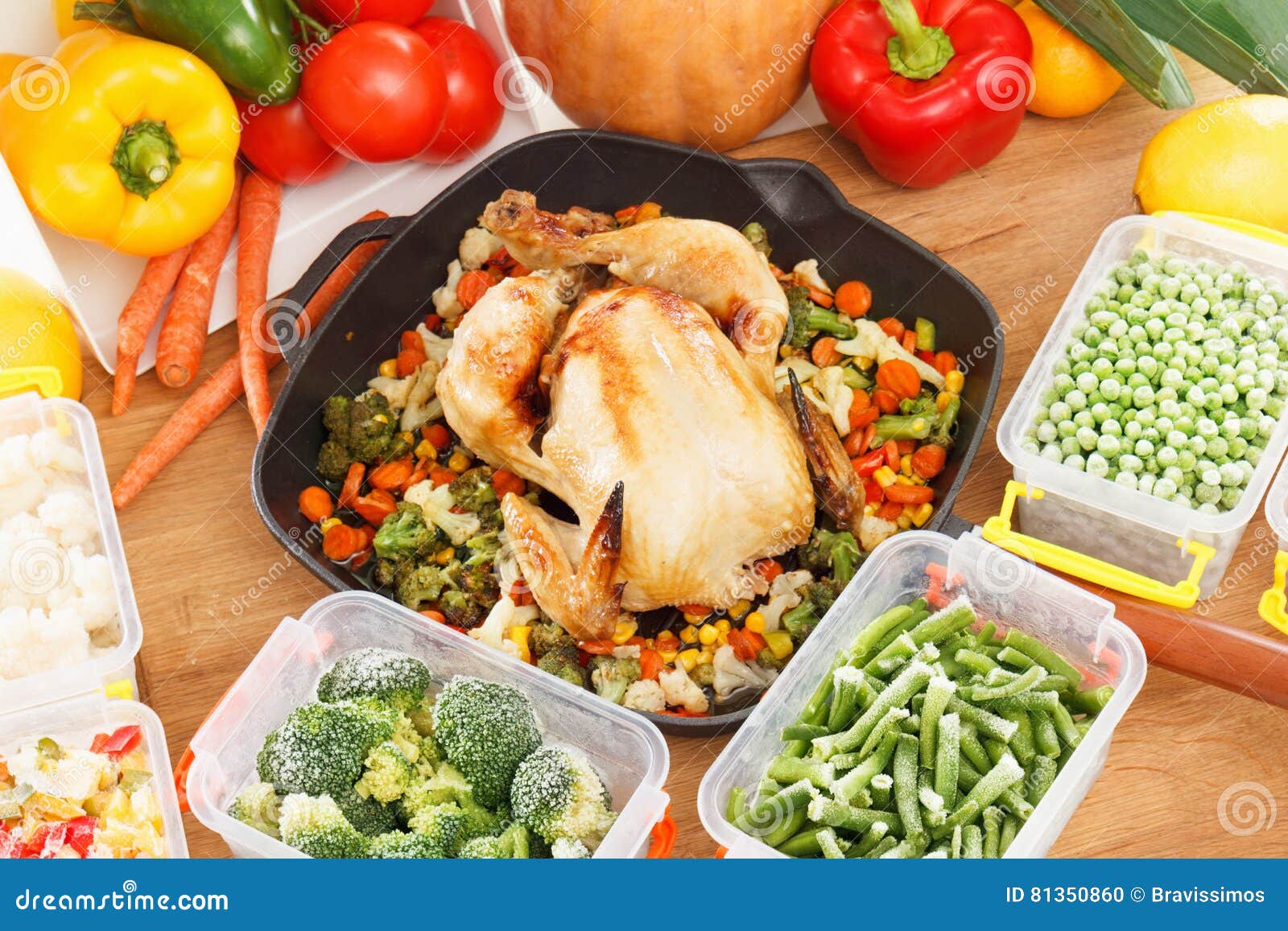 Frozen Vegetables and Fried Chicken Food Stock Photo - Image of plastic