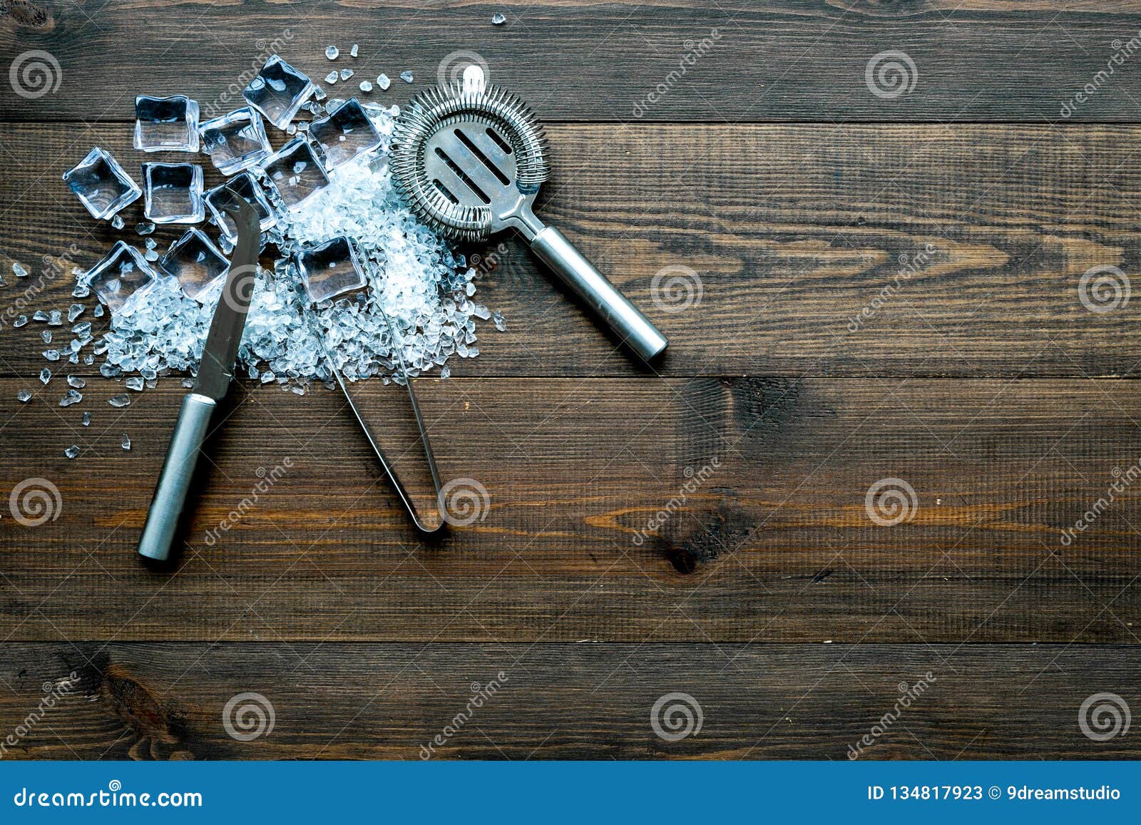 Download Frozen Water In Ice Cubes And Bar Equipment On Wooden Bar ...