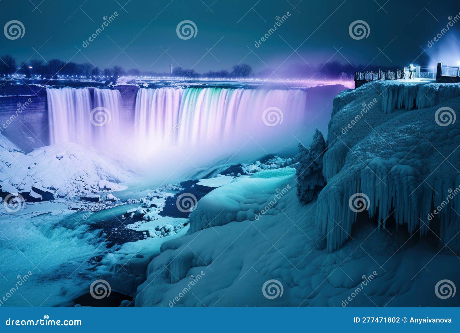 A Frozen Waterfall in the Middle of the Night. Generative AI Image