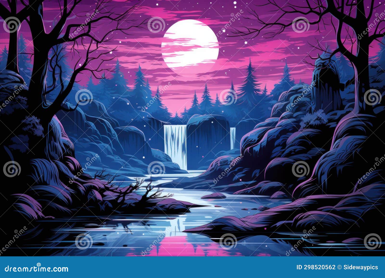 Frozen Waterfalls at Night - Generative AI Stock Illustration 