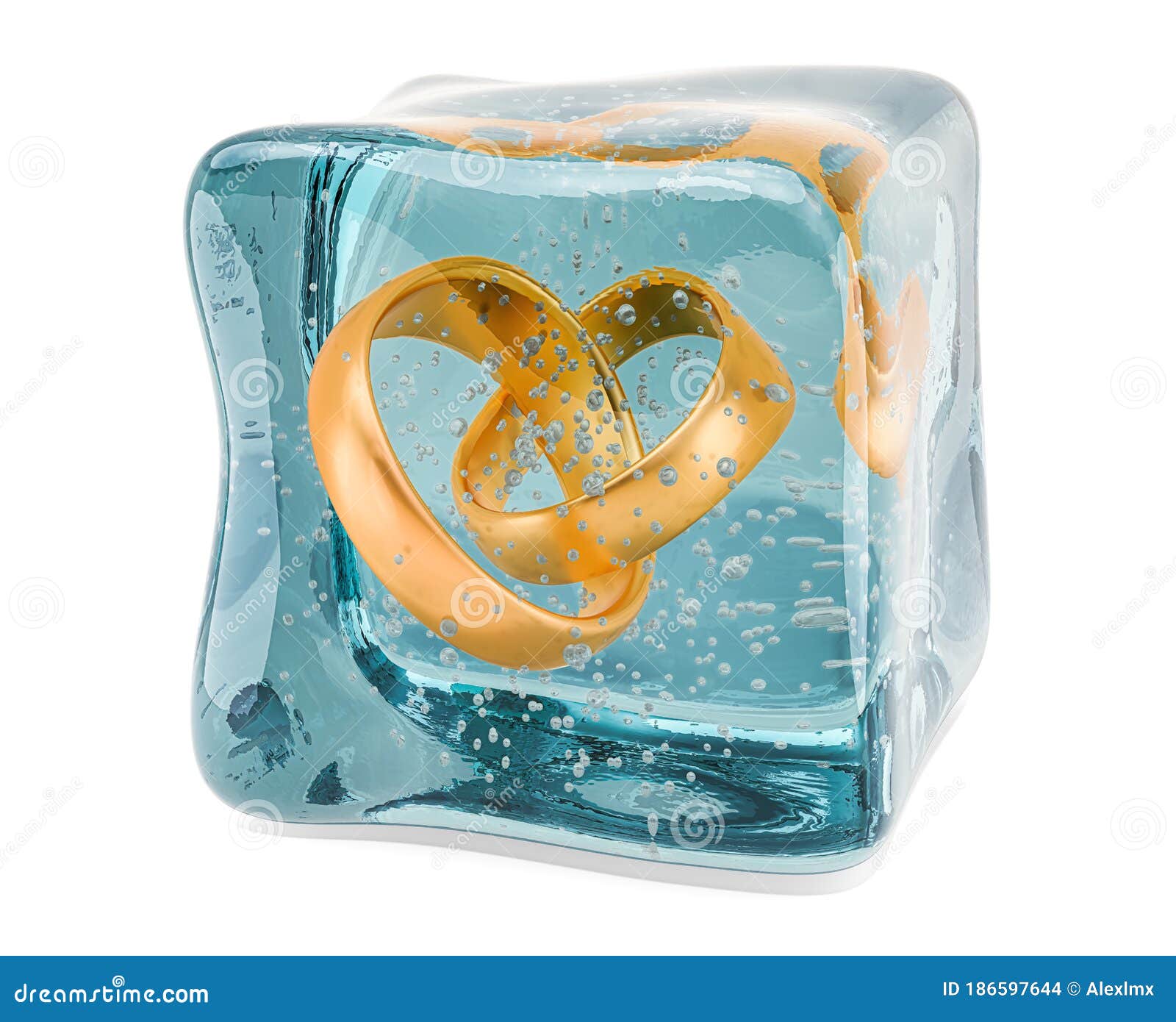 Frozen Wedding Rings in Ice Cube, 3D Rendering Stock Illustration