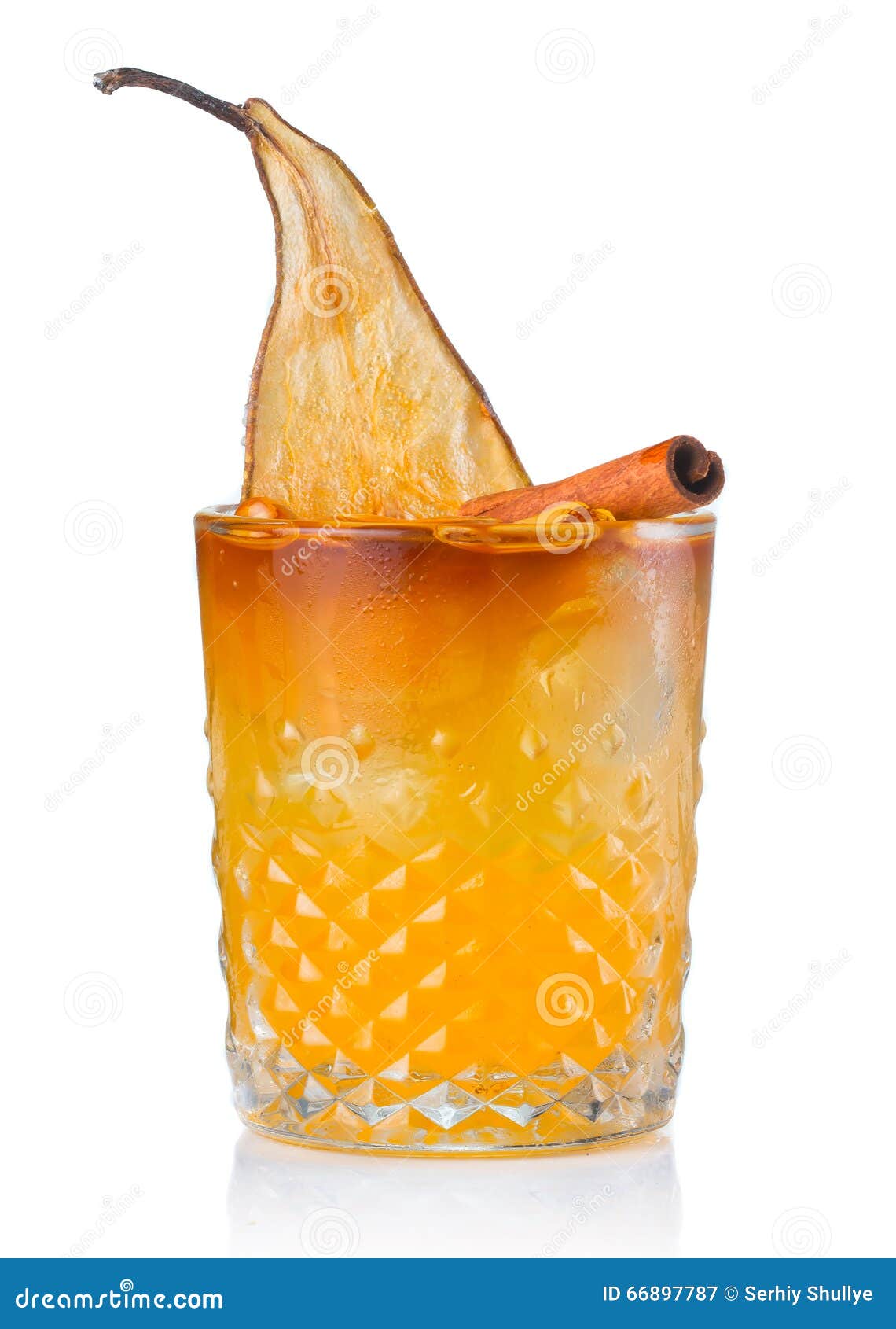 Fruit Alcohol Cocktail with Pear and Cinnamon Stick Isolated Stock