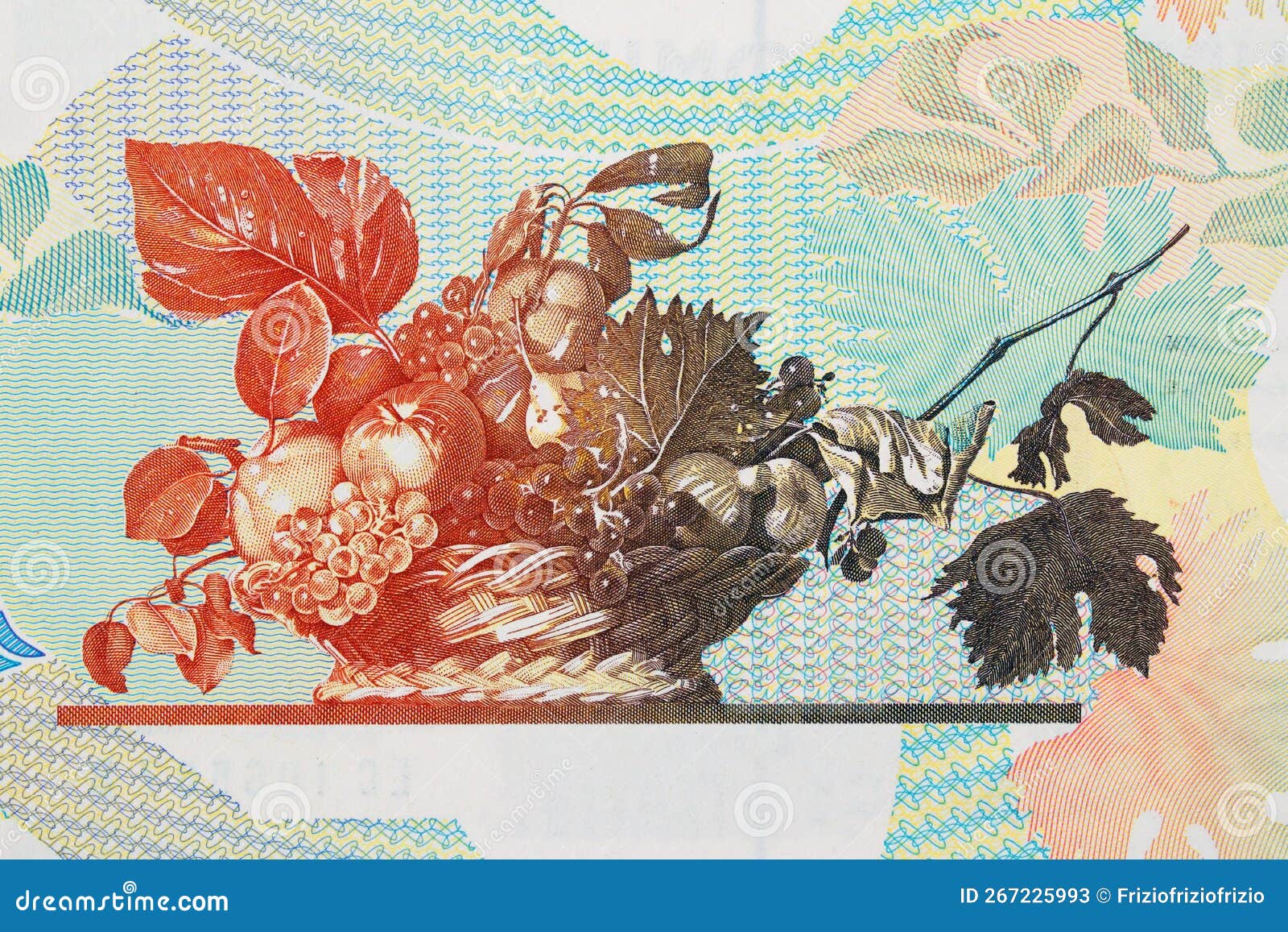 fruit basket, famous painting by caravaggio on a banknote