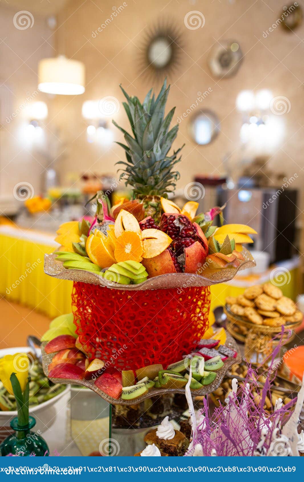 Fruit Basket on the Table in the Restaurant Establishment Stock Photo