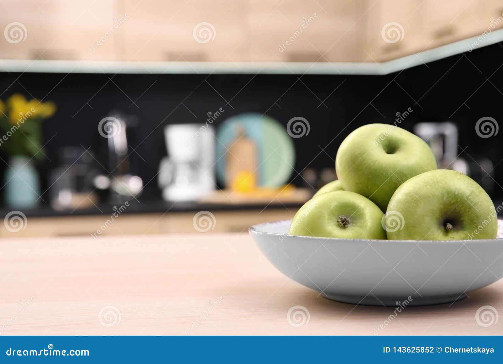 Fruit Bowl with Apples on Table in Kitchen Stock Photo Image of