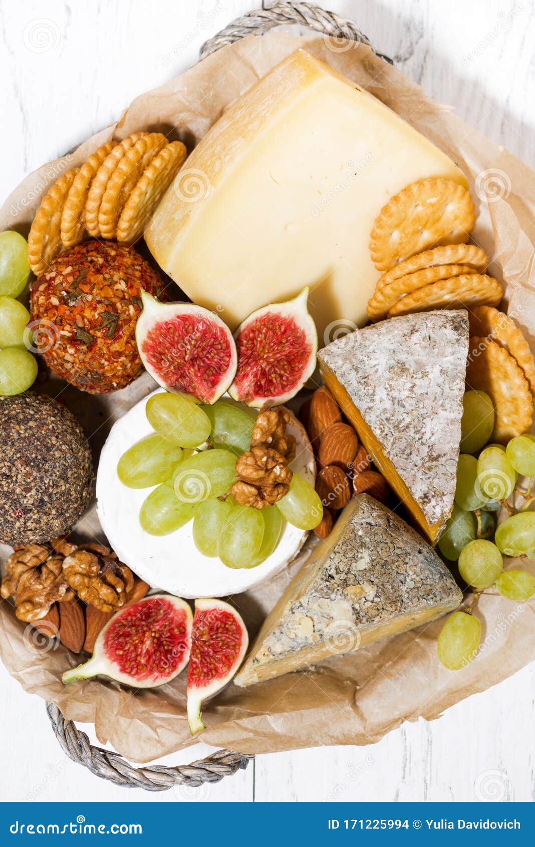 Fruit and Cheese Basket, Top View Vertical Stock Photo Image of