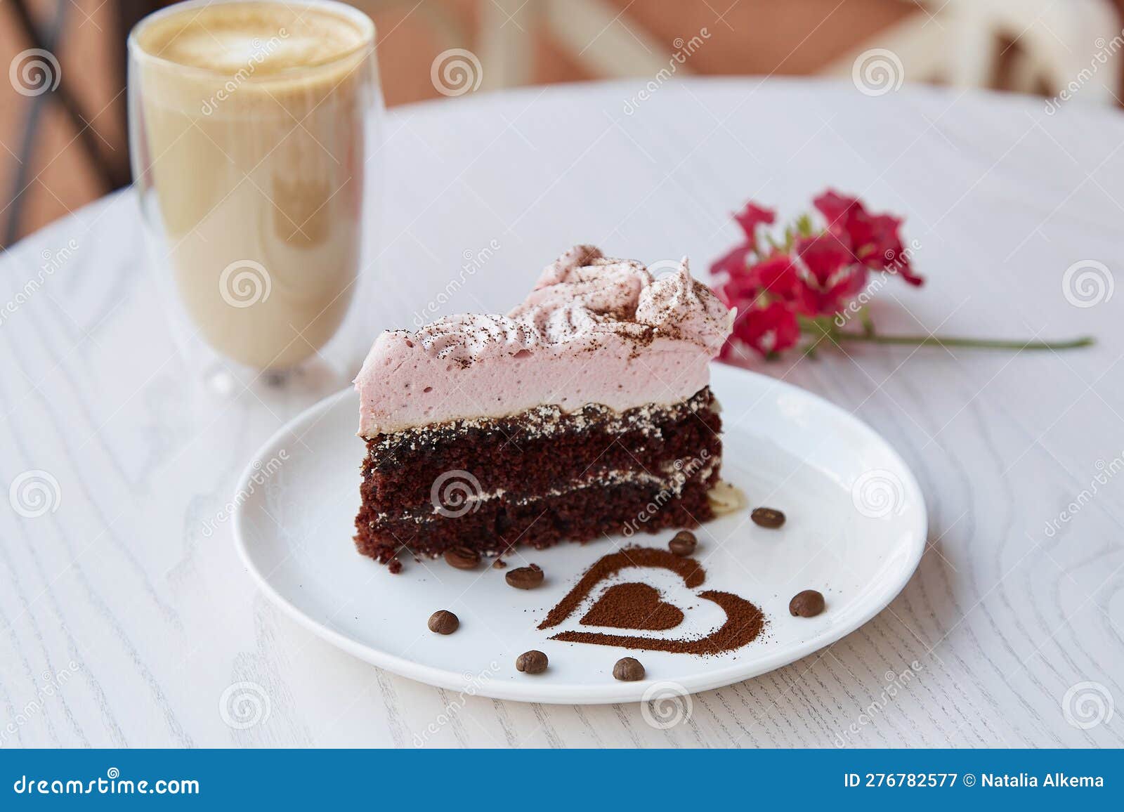 Fruit Chocolate Cake and a Glass with a Double Bottom of Latte on ...