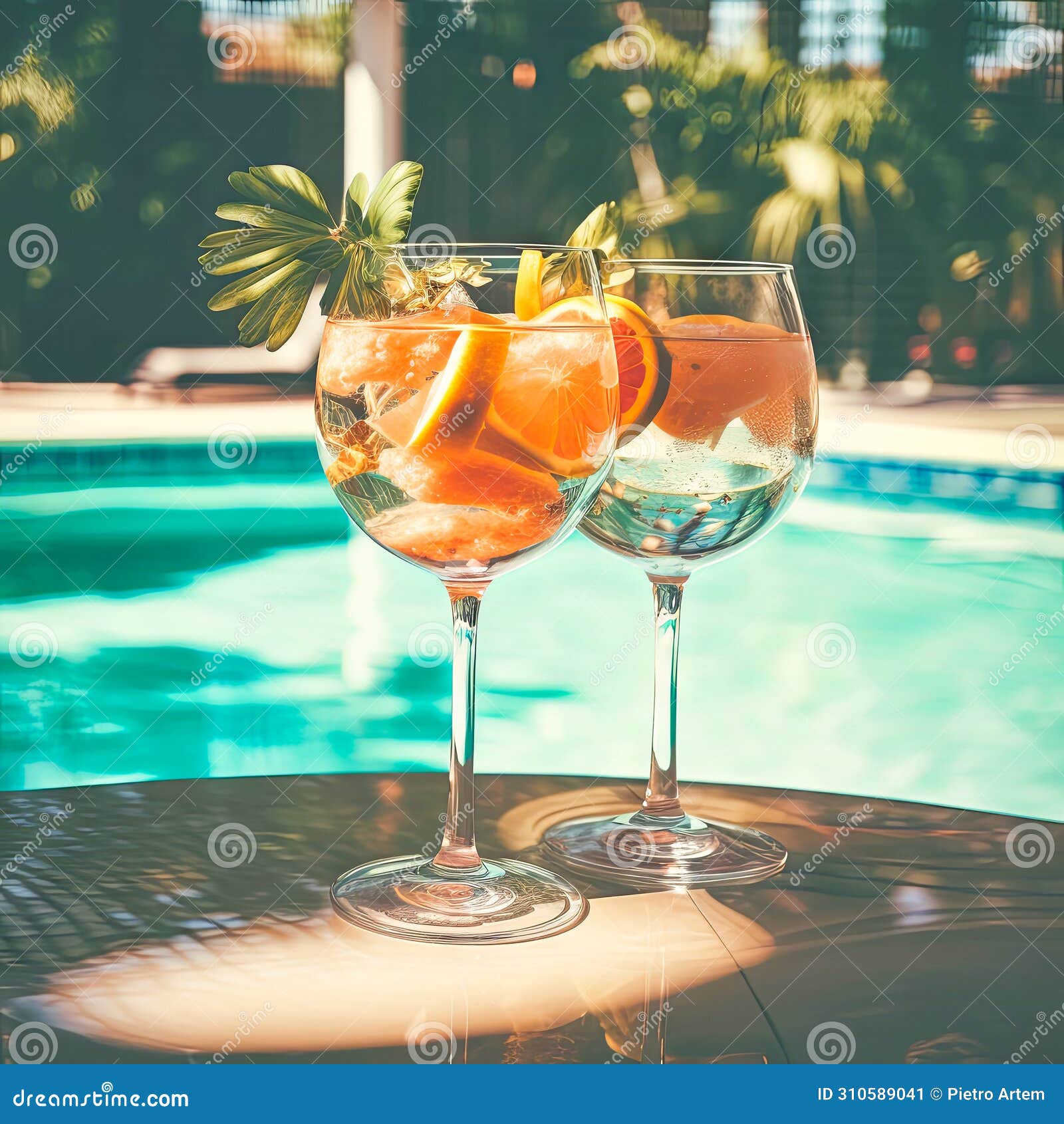 Fruit Cocktail Glass at Pool Vintage Filter Effect Stock Image