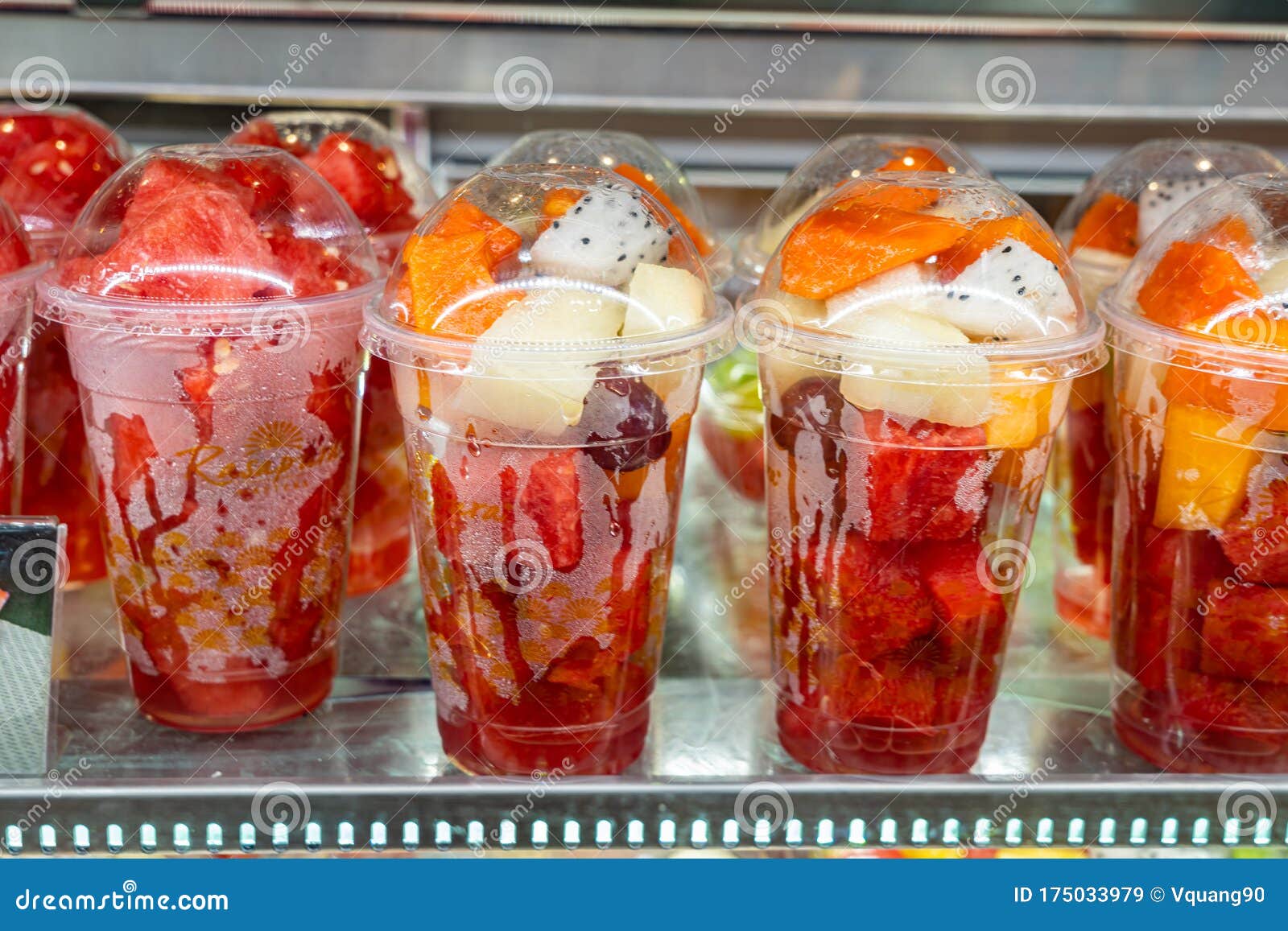 Fruit Cups for Sale Displayed at Dessert Restaurant`s Showcase Stock