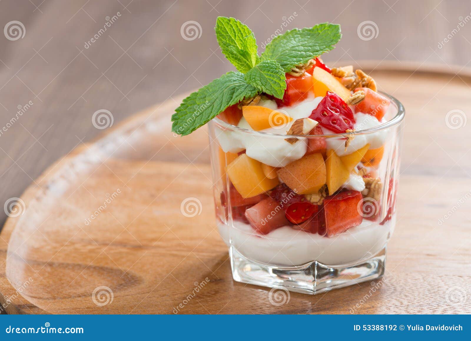 Fruit Dessert with Whipped Cream, Mint and Granola Stock Photo Image