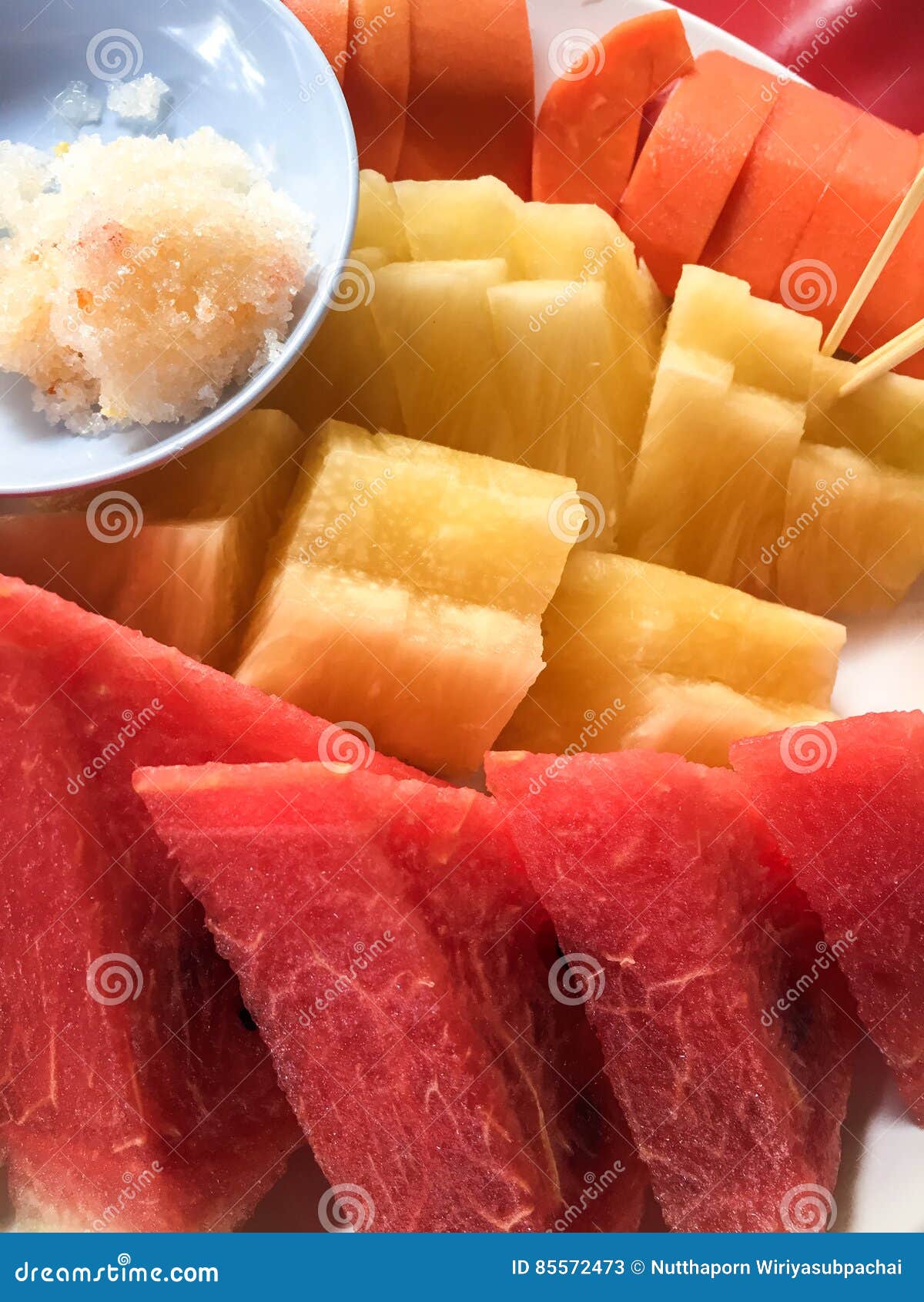 Fruit on dish stock image. Image of withdipping, papaya 85572473