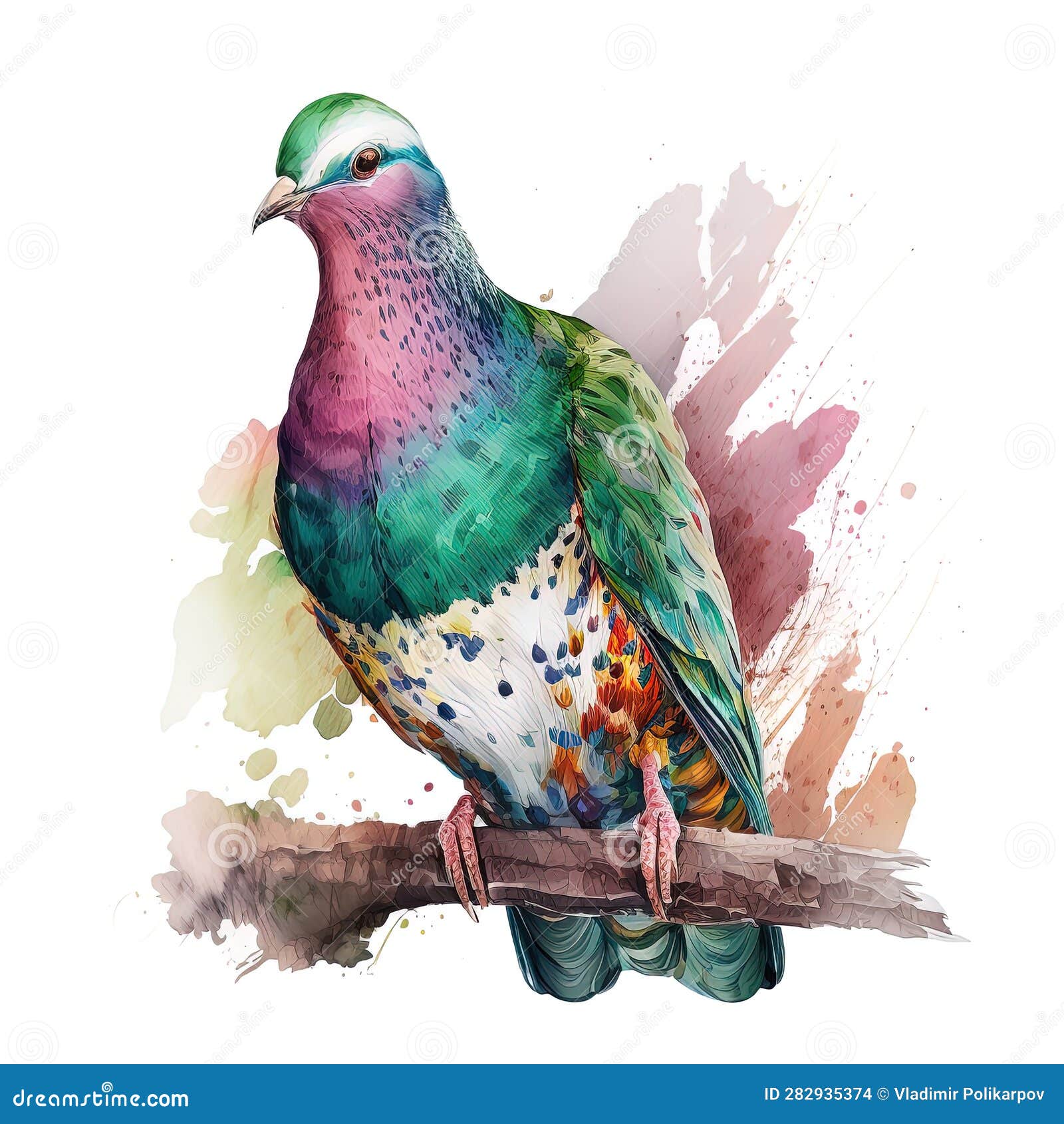 Fruit Dove Sitting On The Branch. Watercolor Illustration Isolated On
