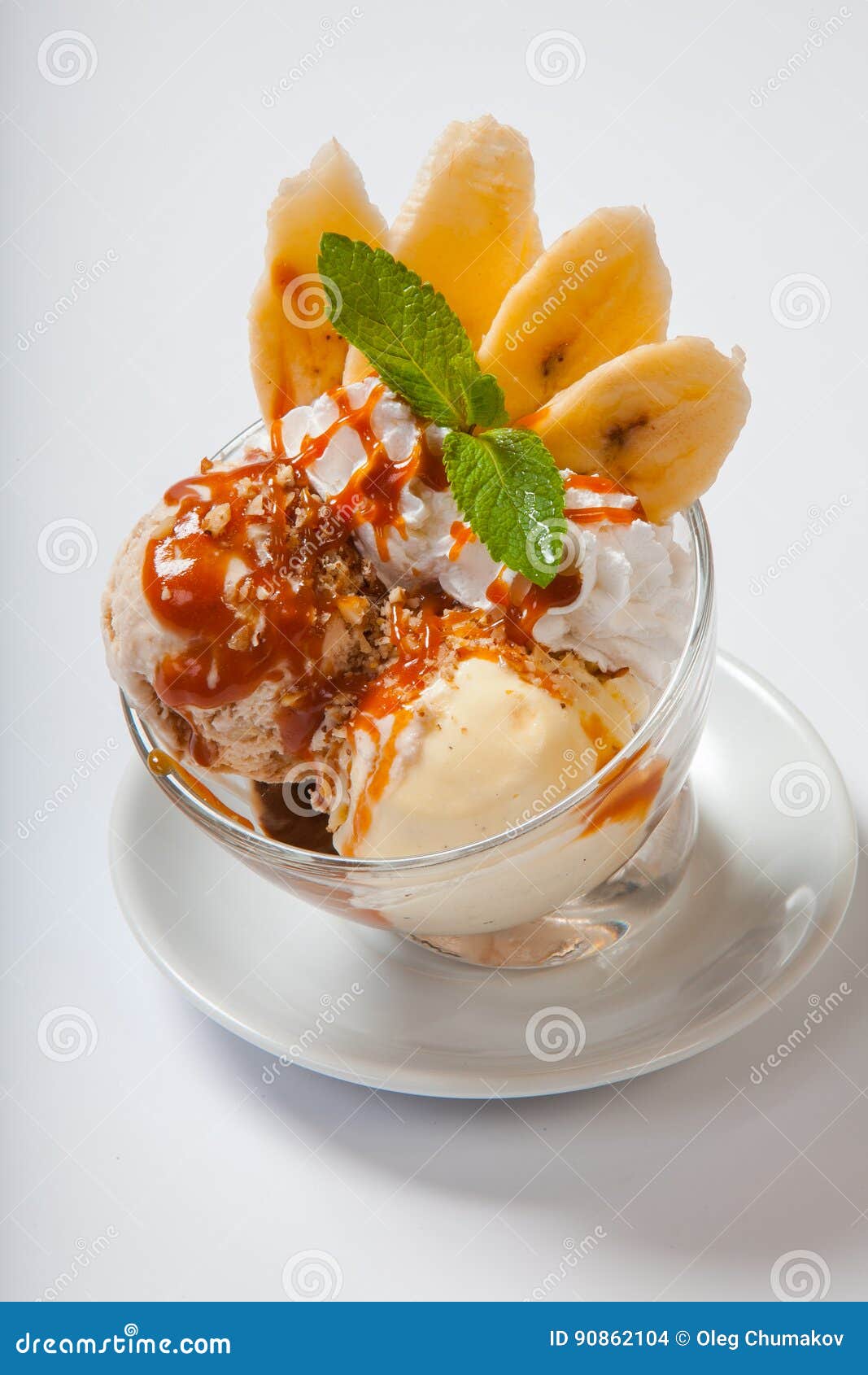 Fruit Ice Cream with Fresh Banana and Mint in a Deep Bowl Stock Photo