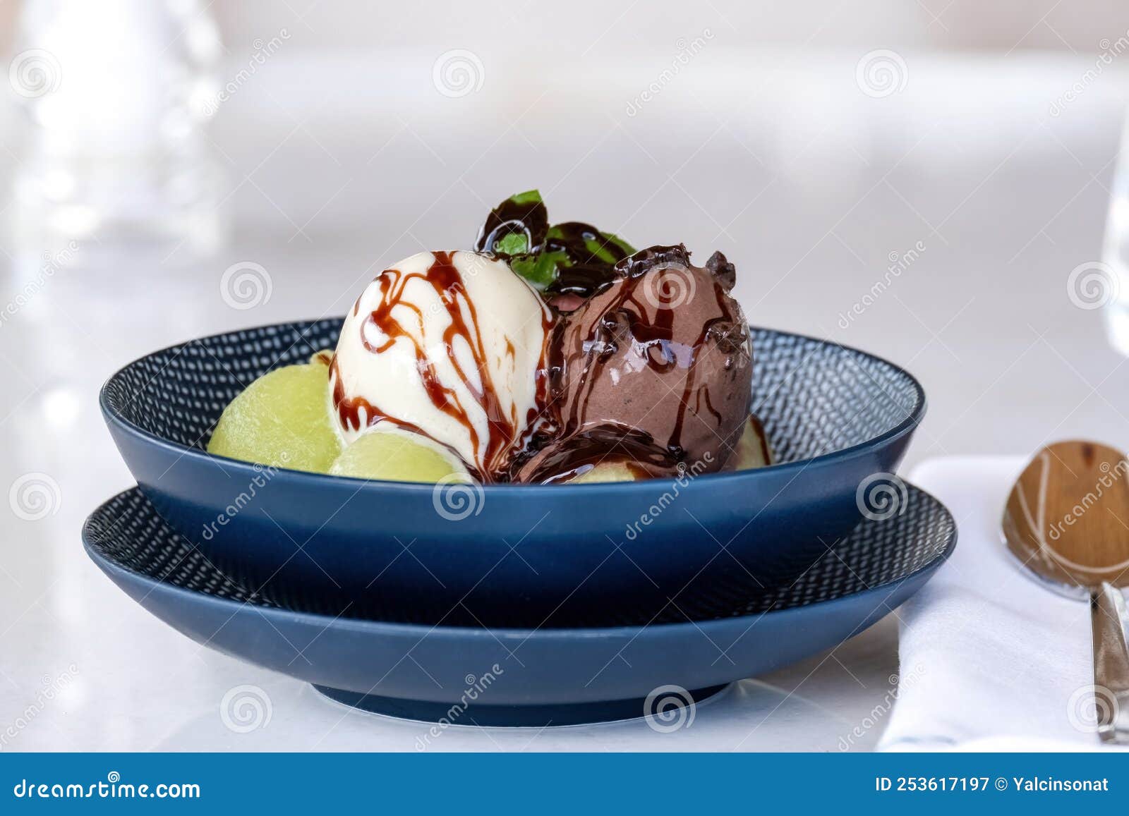 Fruit Ice Cream on Melon Balls on Marble Table Stock Image Image of