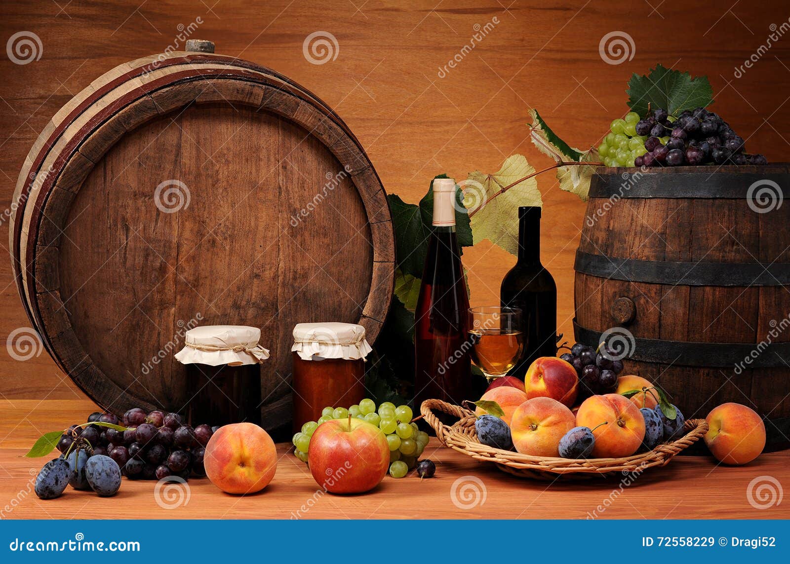 Fruit, Jam, Wine and Wooden Barrel Stock Image Image of food