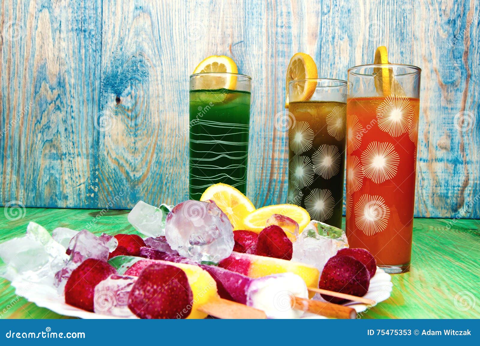 Fruit Juices and Ice Cream Concept on Abstract Background Stock Image Image of blue, juice