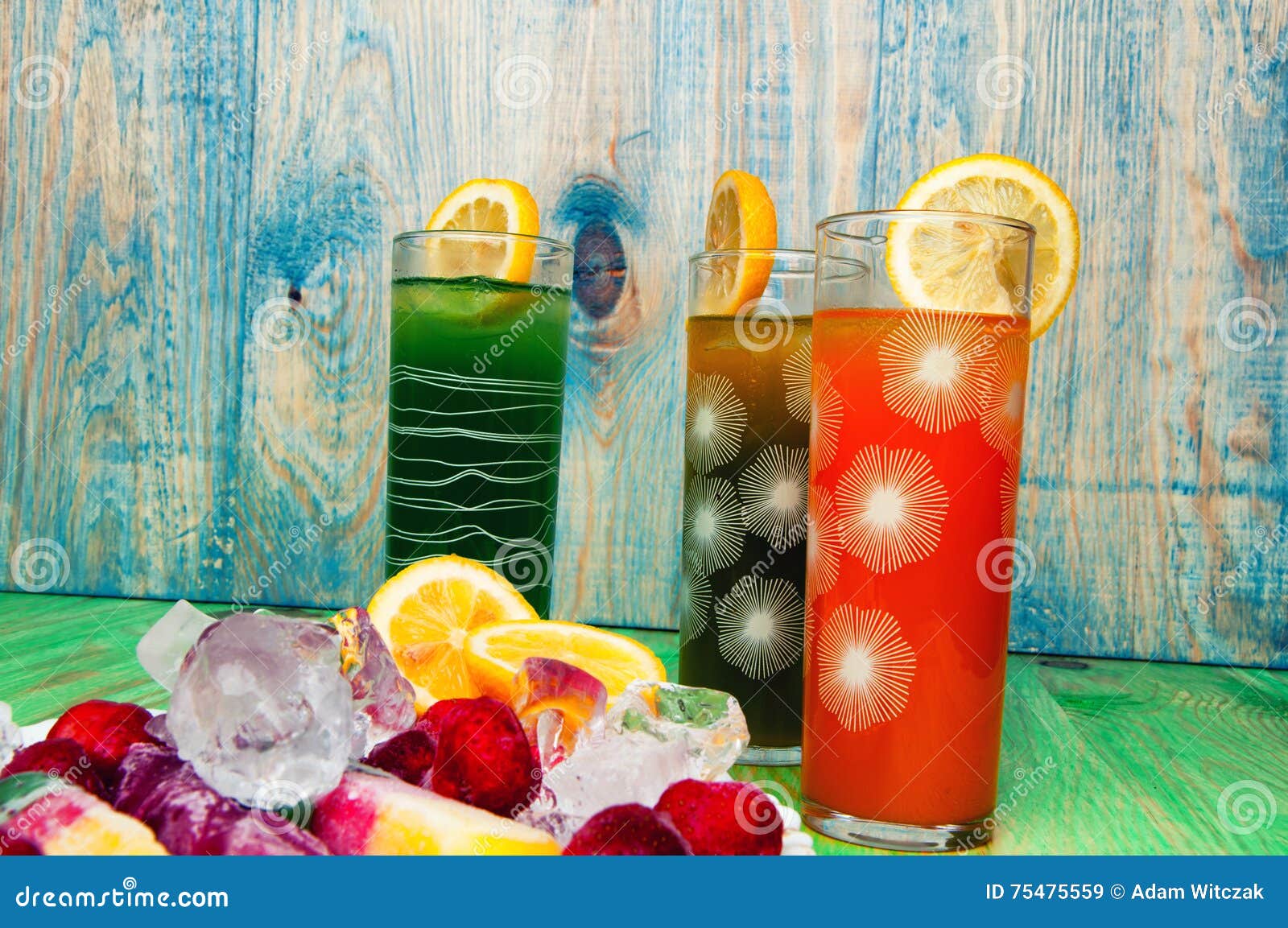 Fruit Juices and Ice Cream Concept on Abstract Background Stock Image
