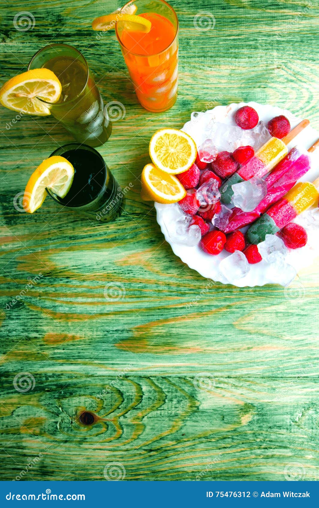 Fruit Juices and Ice Cream Concept on Abstract Background Stock Photo