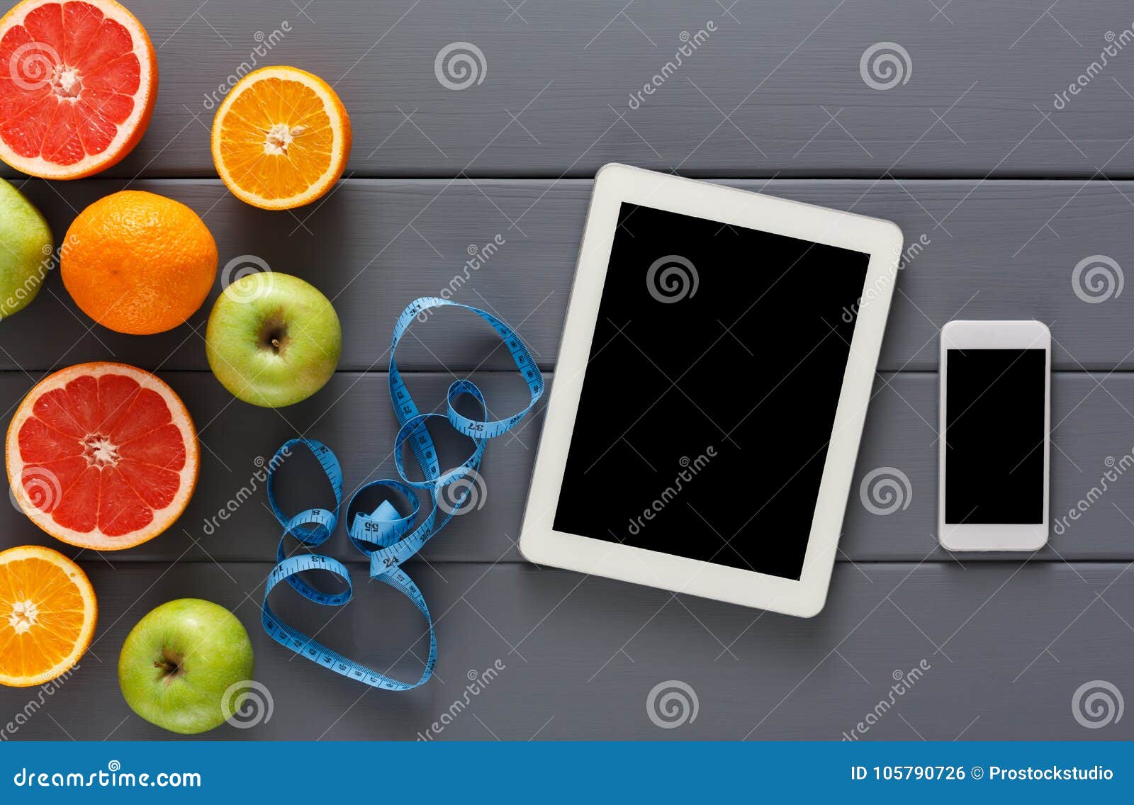 Download Fruit, Measuring Tape And Blank Tablet Mockup Stock Photo - Image of healthy, modern: 105790726