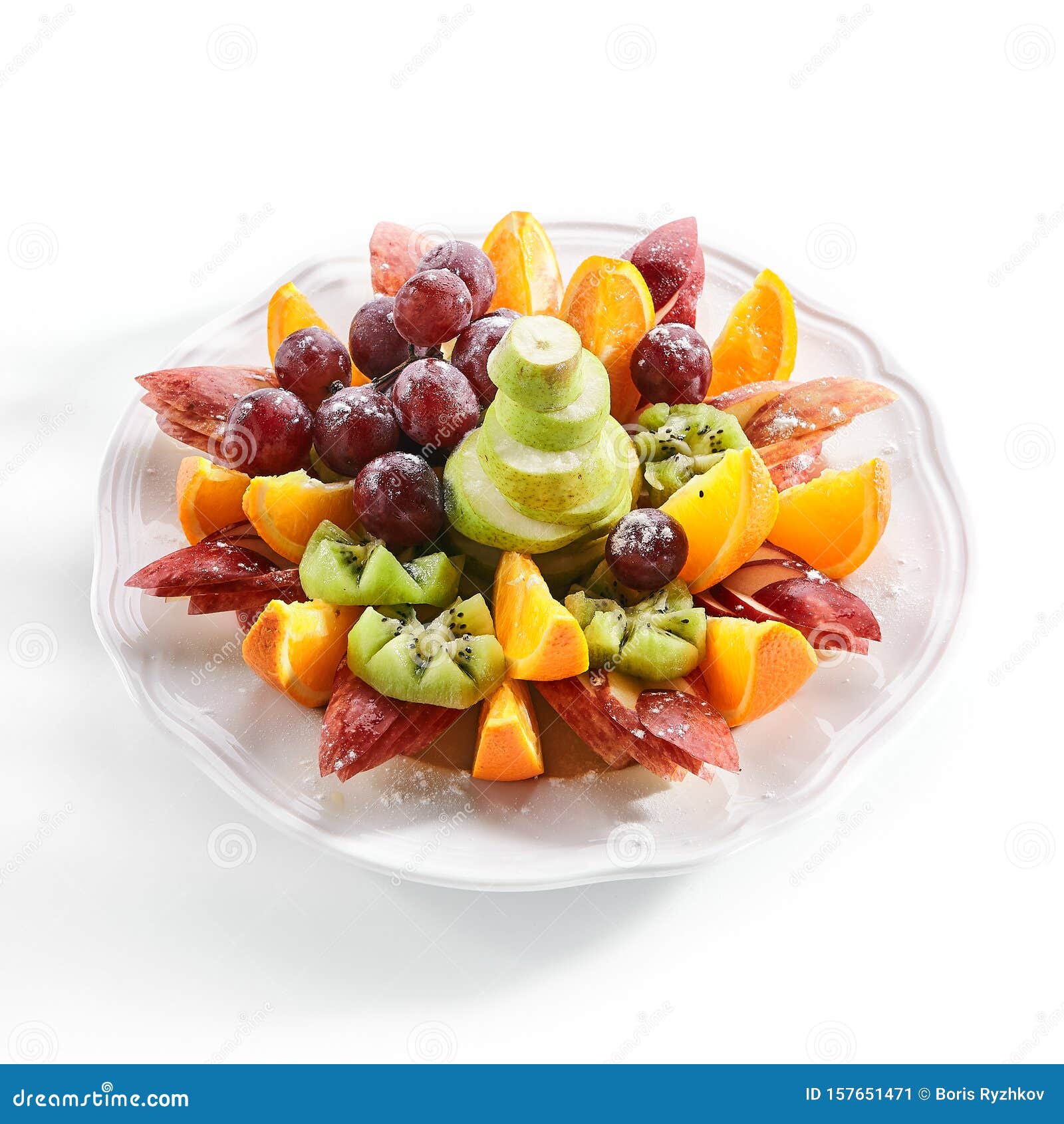 Fruit Plate with Orange Wedges, Apple, Grapes, Kiwi and Pear Stock