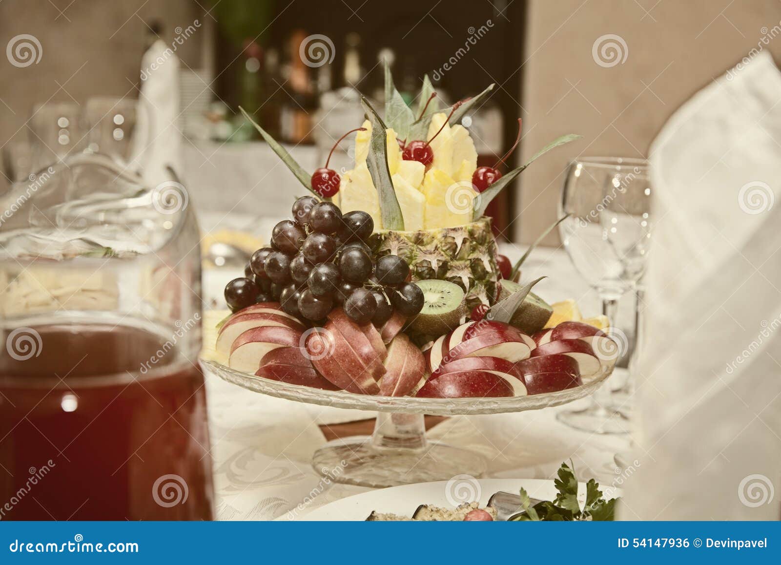 Fruit plate in restaurant stock photo. Image of snack 54147936