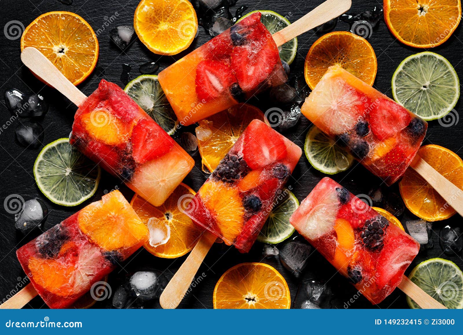 Fruit Popsicles Homemade Fruit Ice Lolly Of Various Fruits Top View