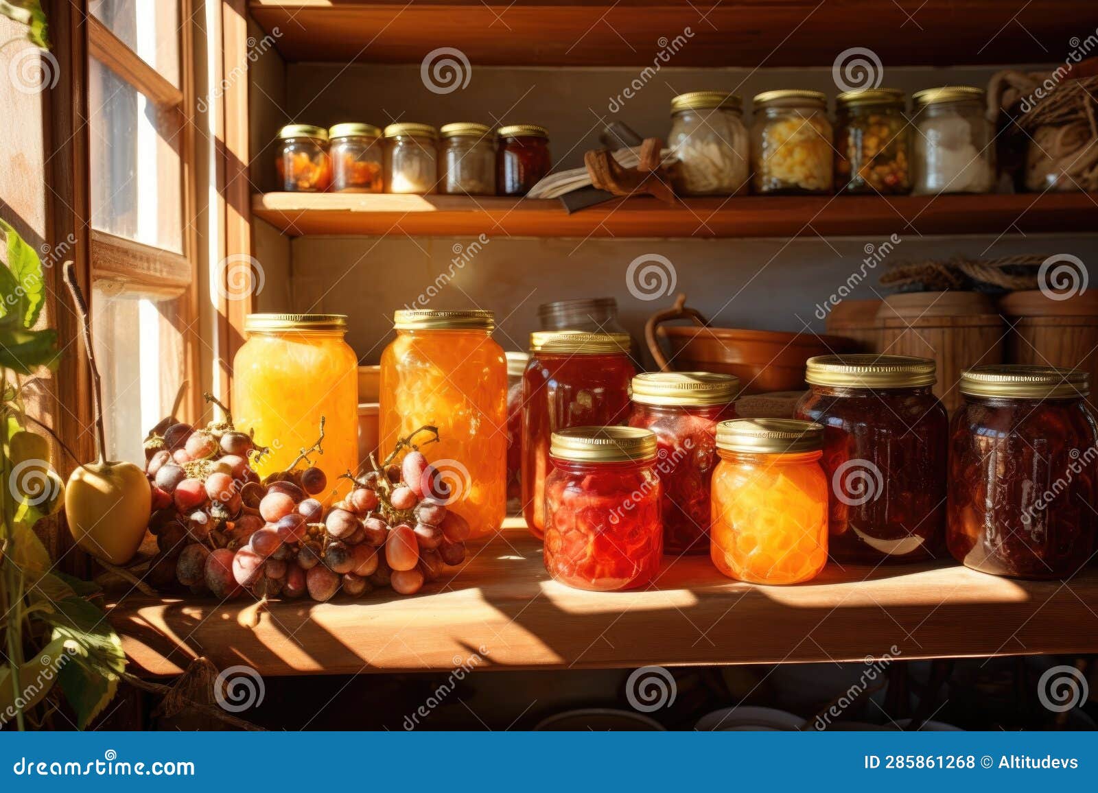 Fruit Preserves and Jams in a Pantry, Lit by Warm Sunlight Stock Photo