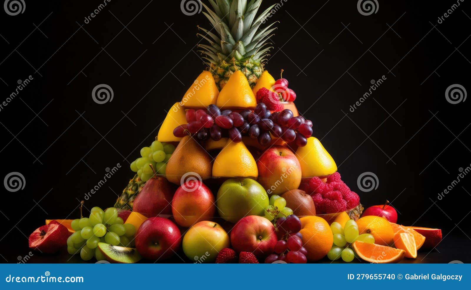 Fruit Pyramid on a Black Background. Pineapple, Grapes, Oranges, Apples