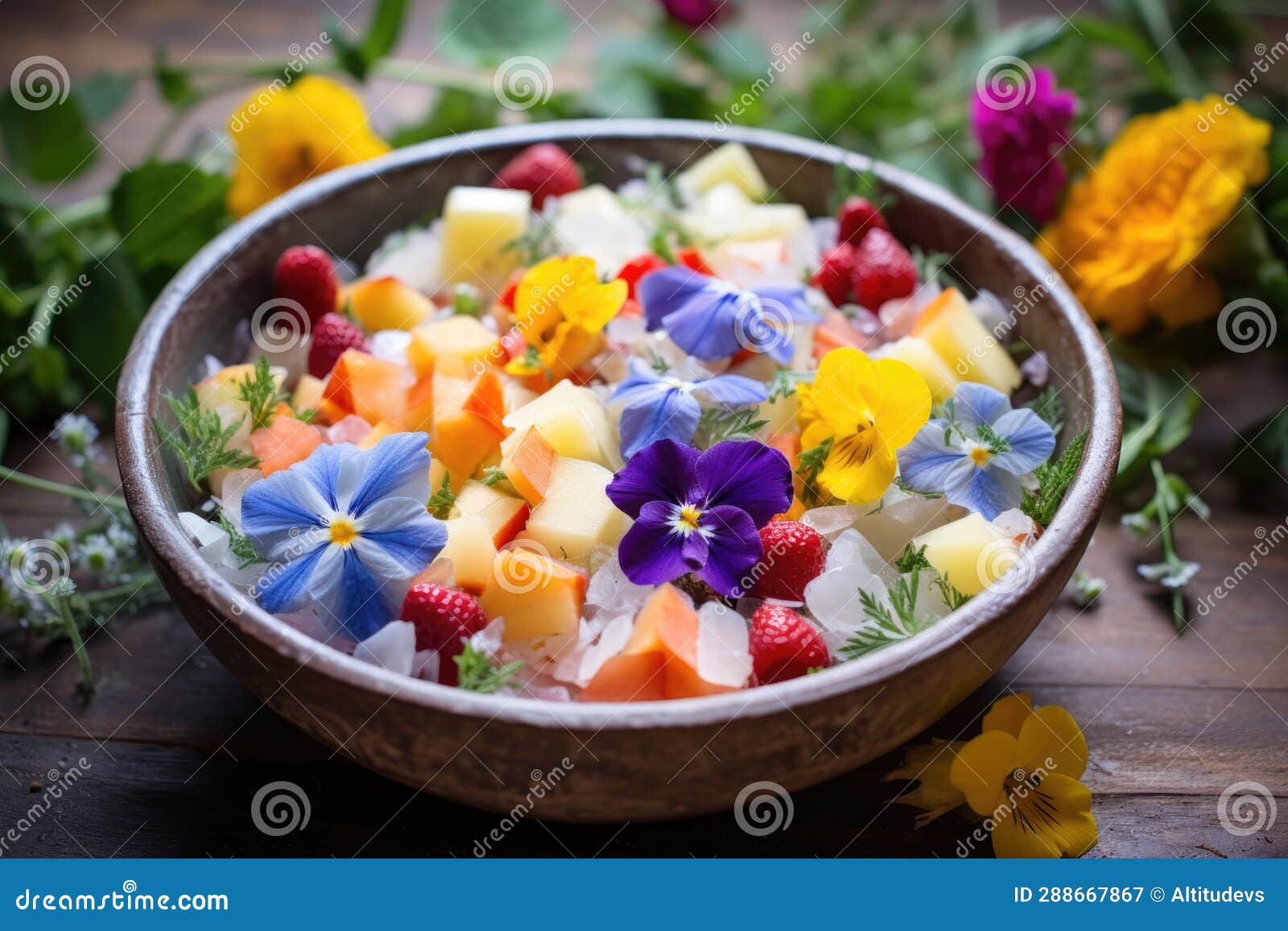 Fruit Salad with Edible Flowers and Herbs Stock Image Image of vegetarian, edible 288667867