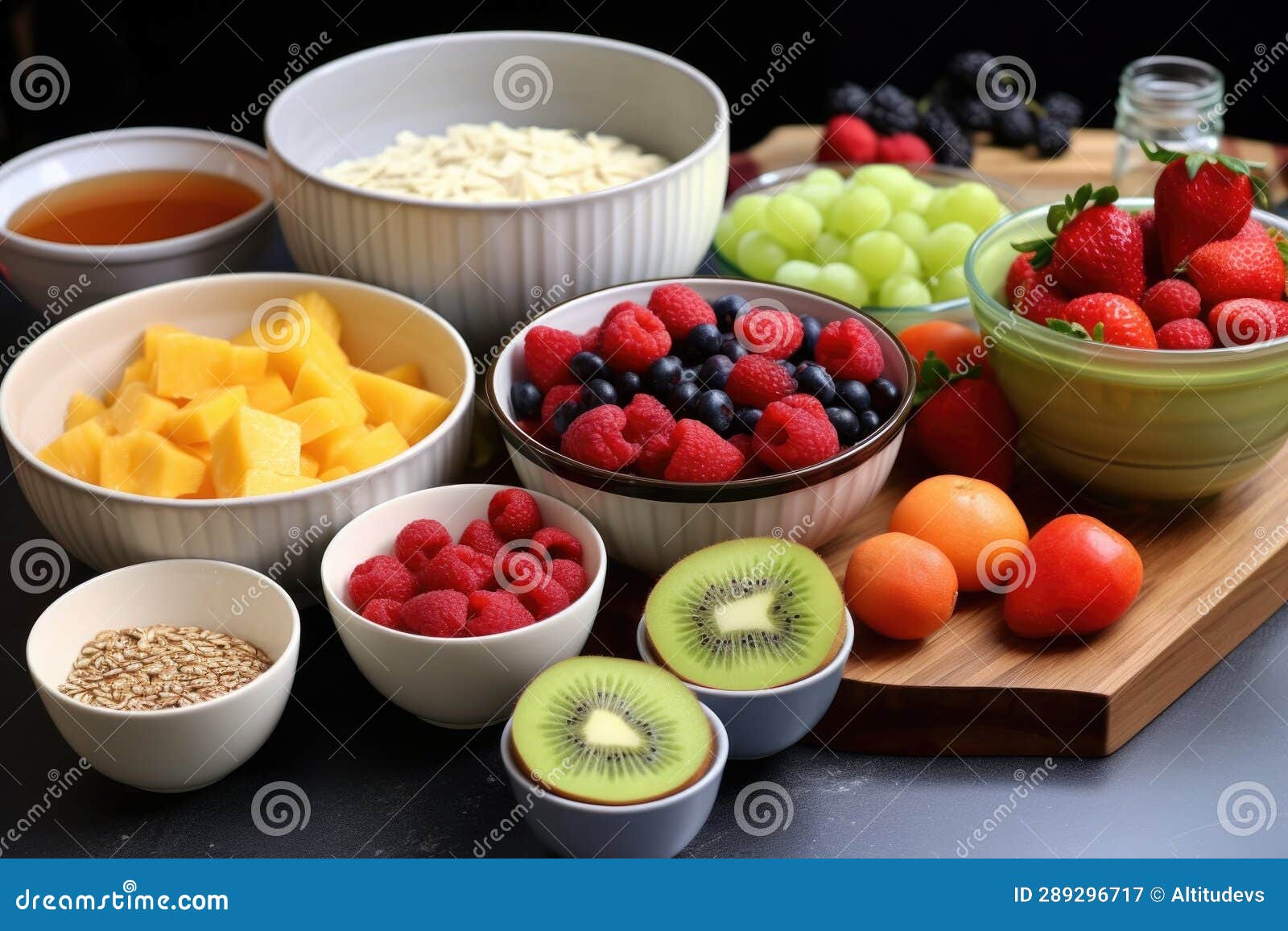 Fruit Salad Ingredients in Separate Bowls, Ready To Mix Stock Image