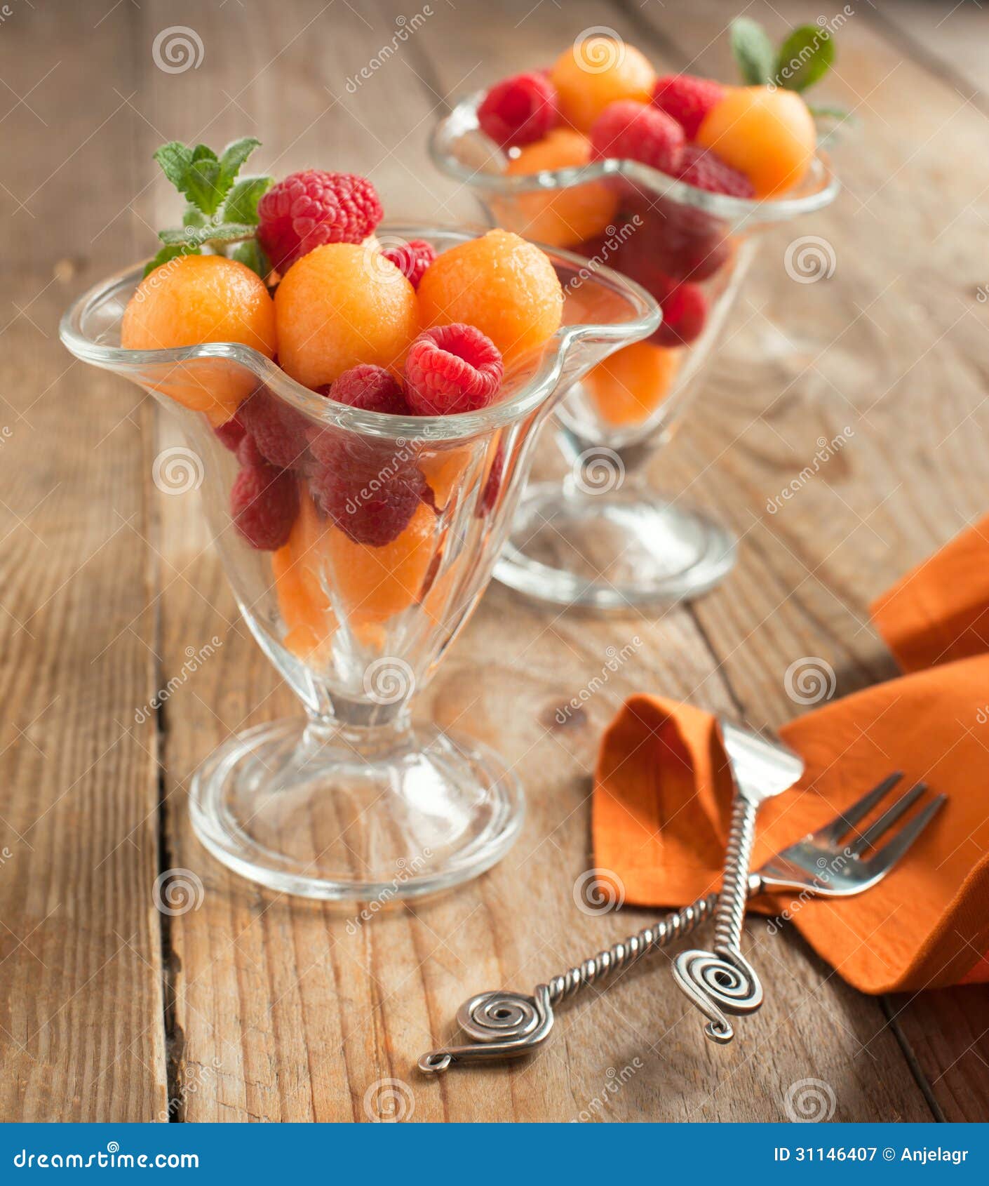 Fruit Salad with Melon Balls and Raspberries Stock Image Image of