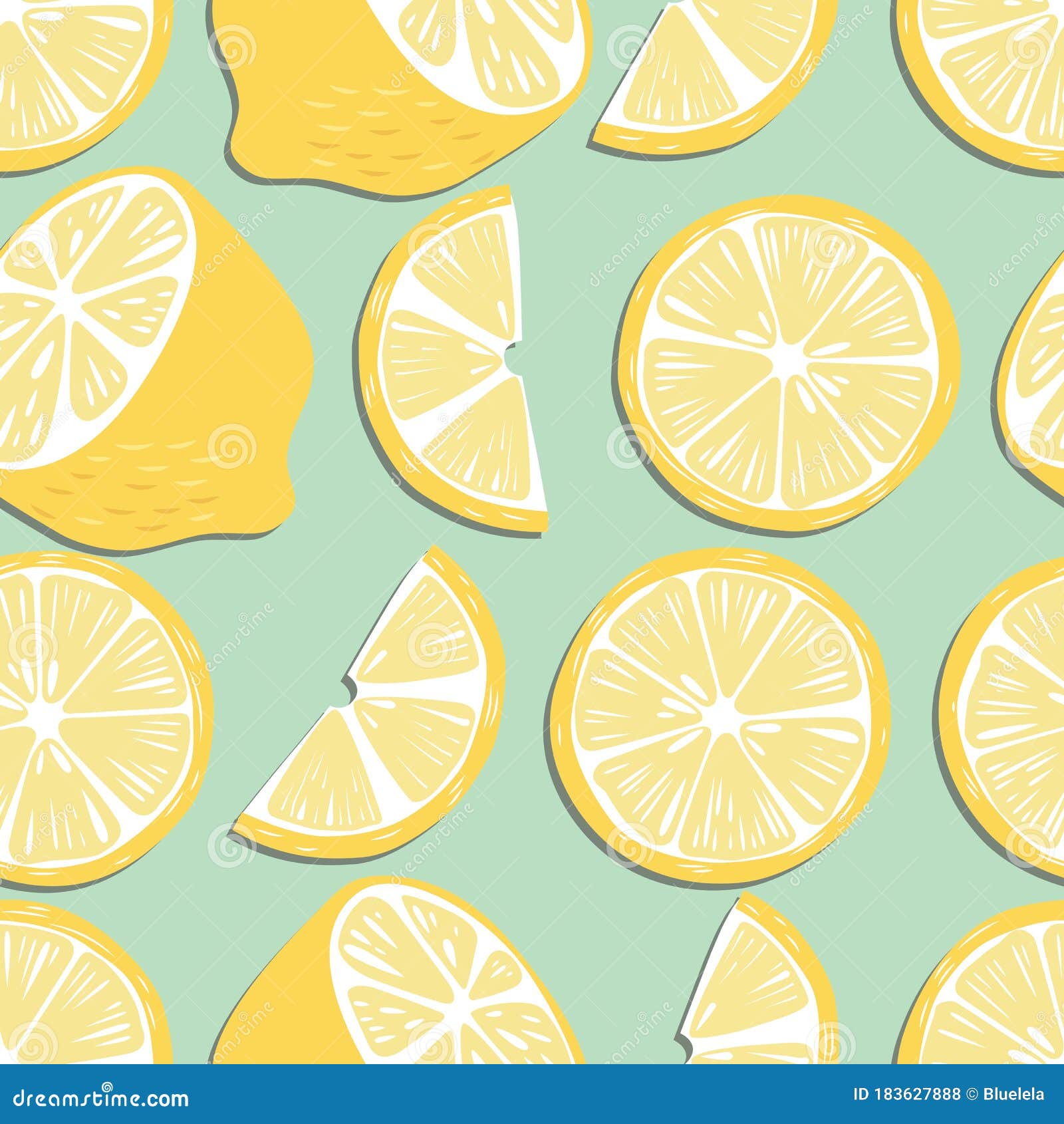 fruit seamless pattern, lemon slices and halves on mint green background. summer vibrant . exotic tropical fruit