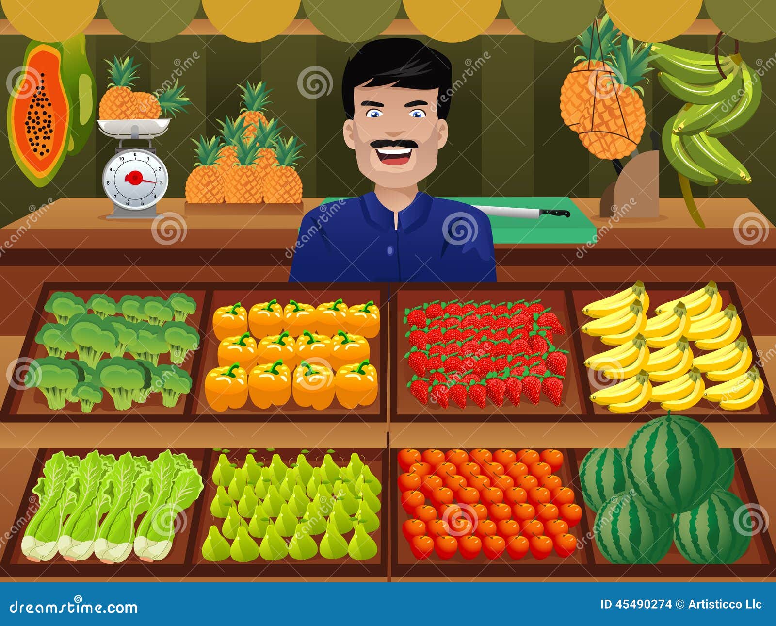 Fruit Seller in a Farmer Market Stock Vector Illustration of