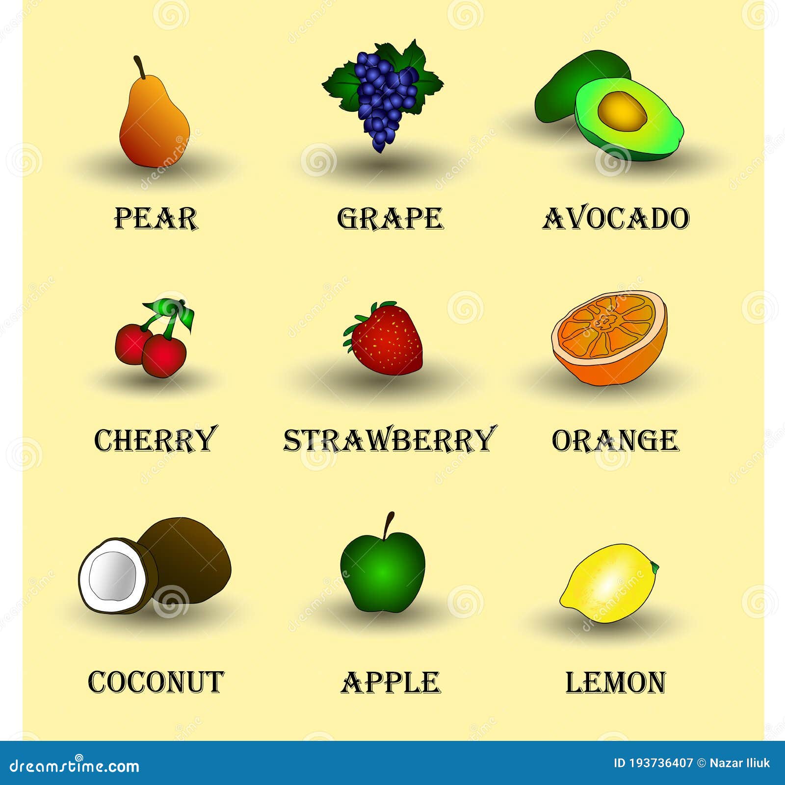 Set Of Fruits. Emoji Emoticon Expression, Pitaya, Banana, Apple, Pear