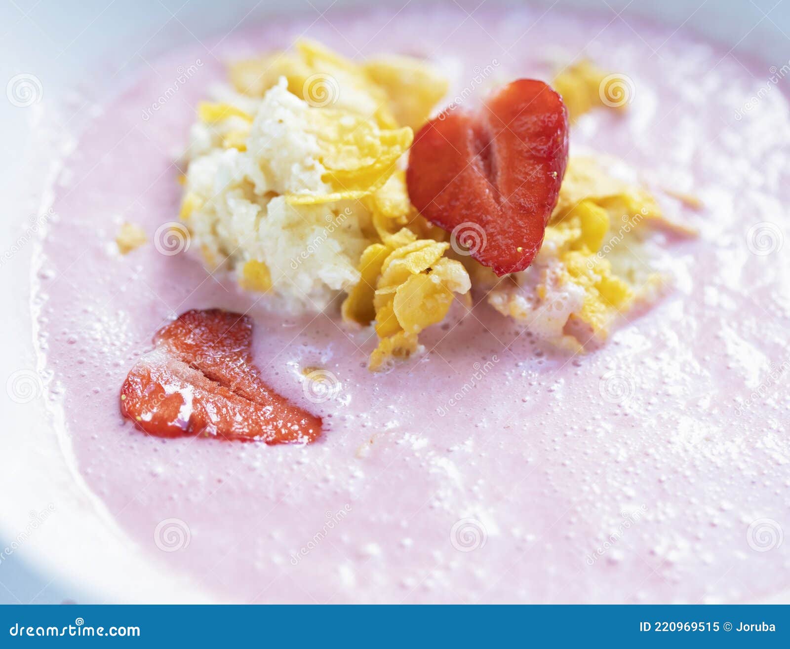 Fruit Soup with Strawberry Cottage Cheese and Corn Flakes Stock Image