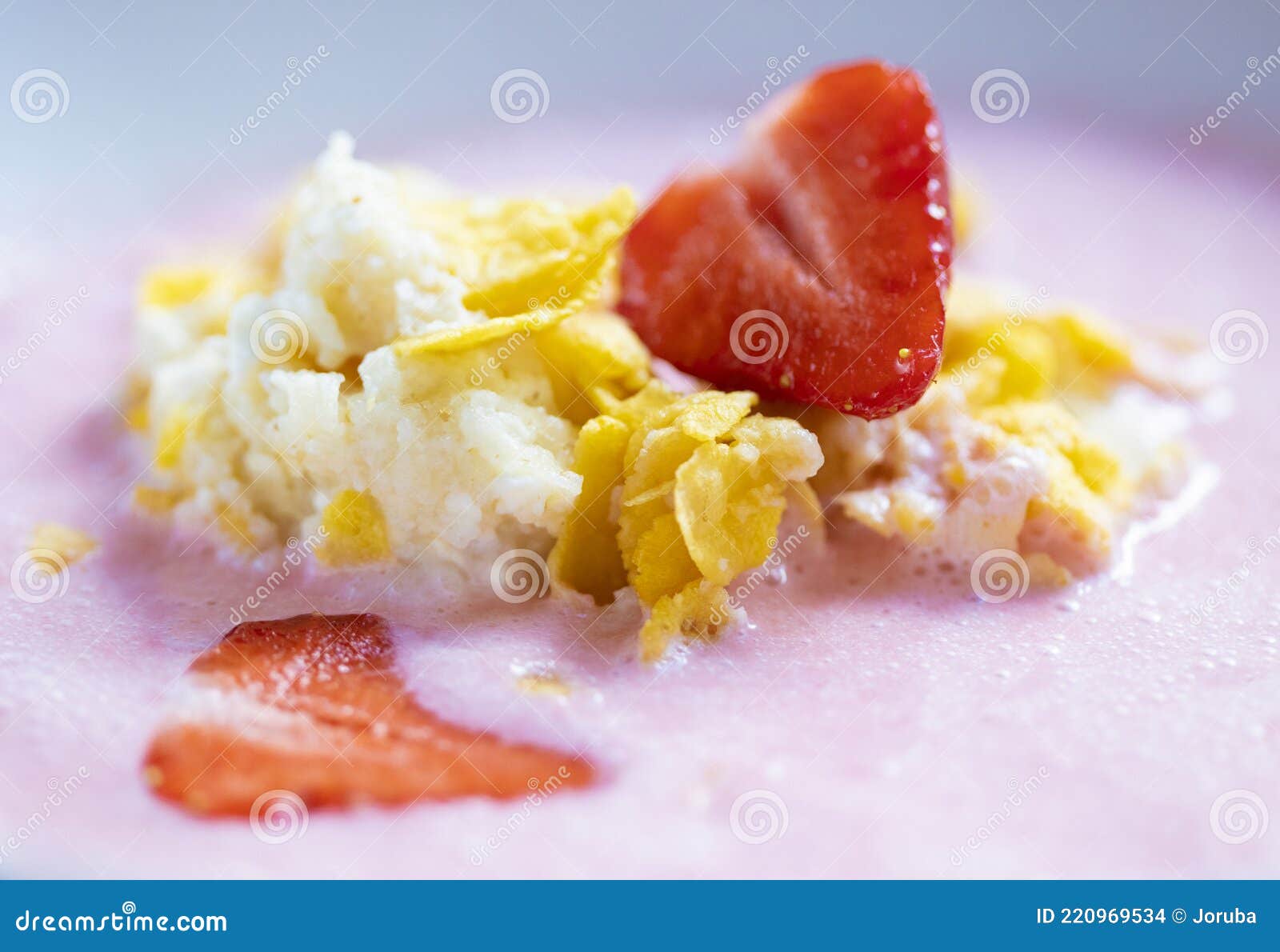 Fruit Soup with Strawberry Cottage Cheese and Corn Flakes Stock Photo
