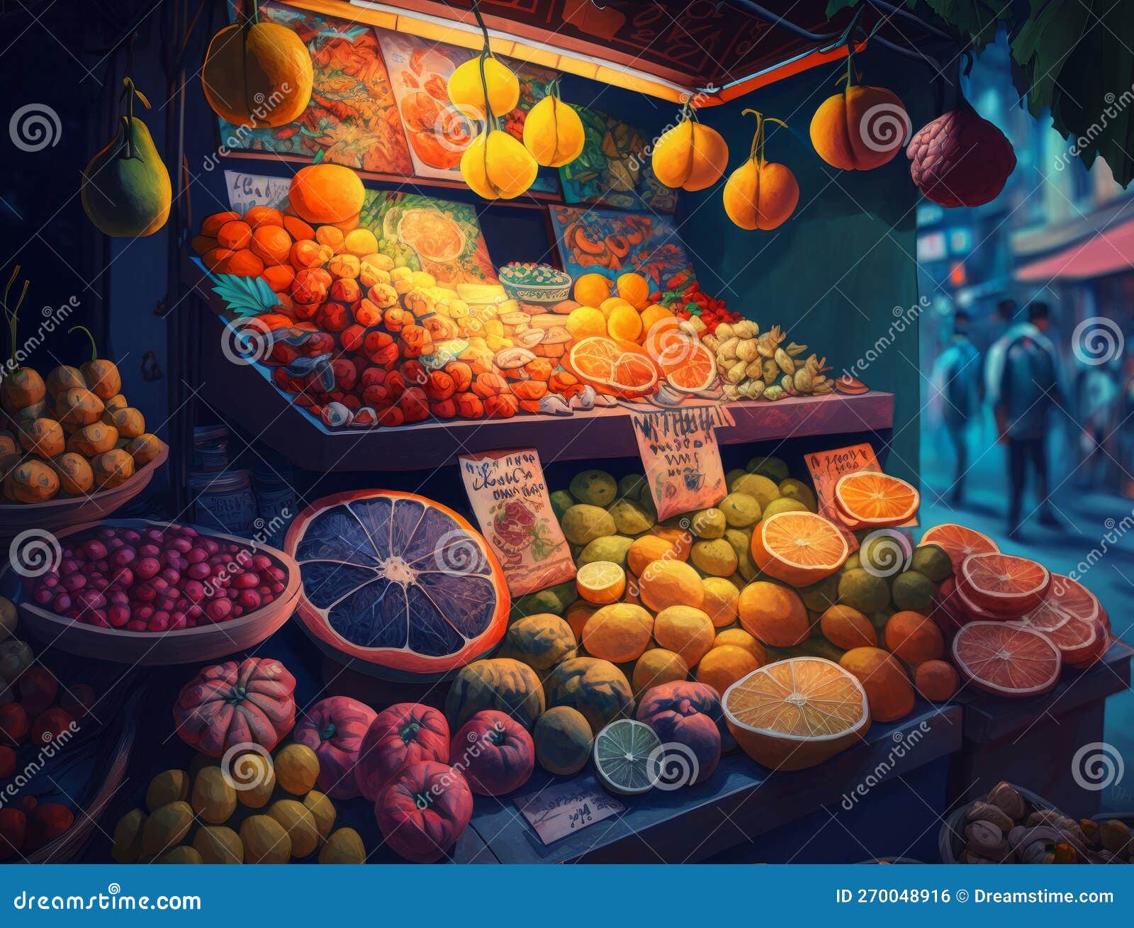 Fruit Stand with Oranges and Lemons. Generative AI Stock Illustration
