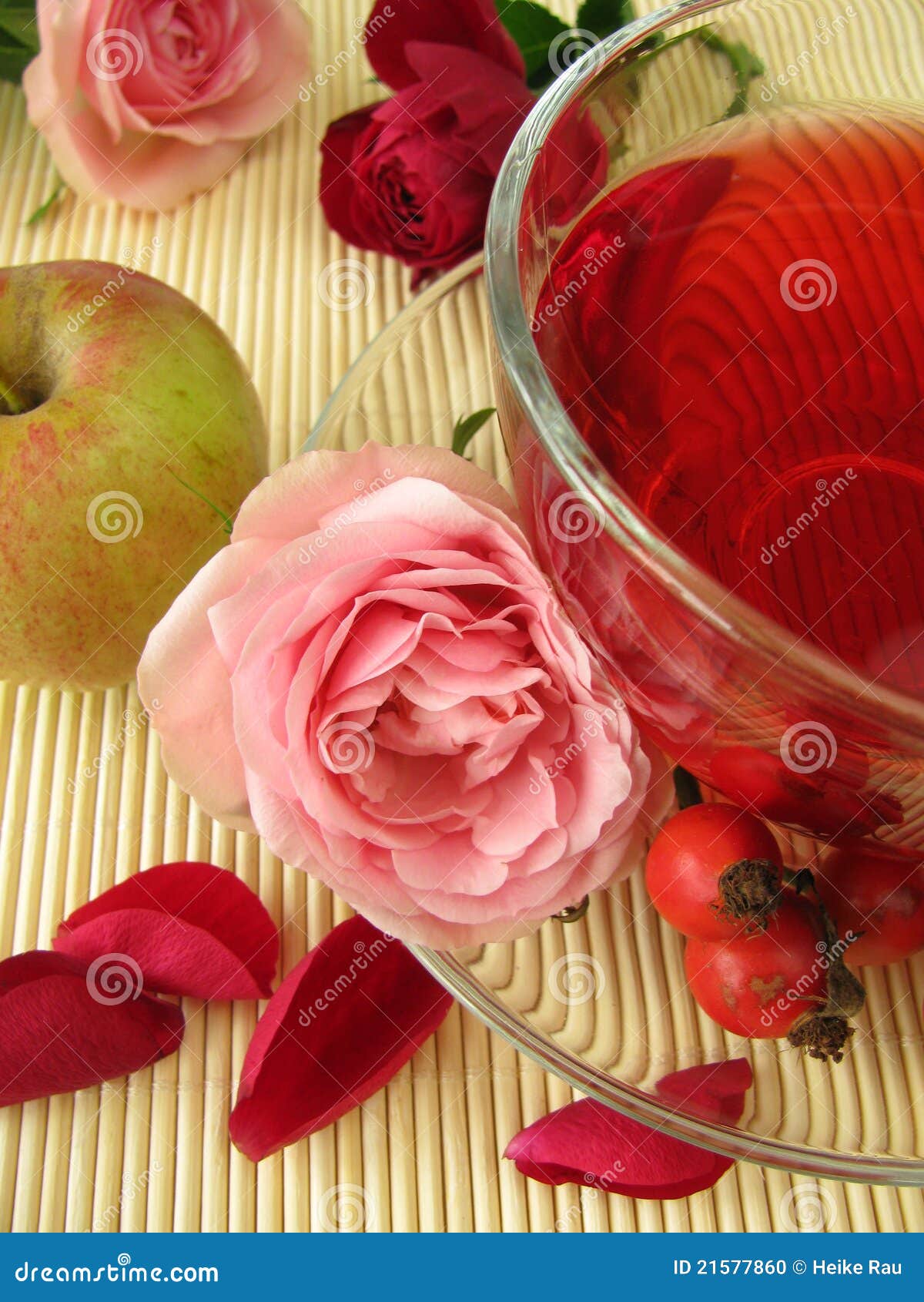Fruit Tea with Rose Hips, Apples and Rose Flowers Stock Photo Image