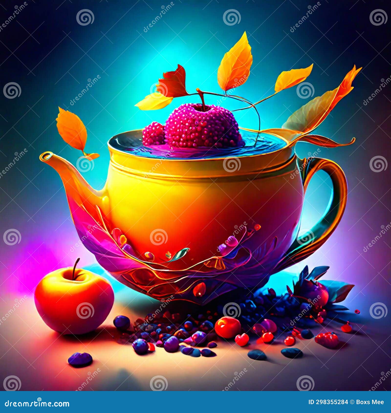 Fruit Tea in a Teapot on a Blue Background. Generative AI Stock