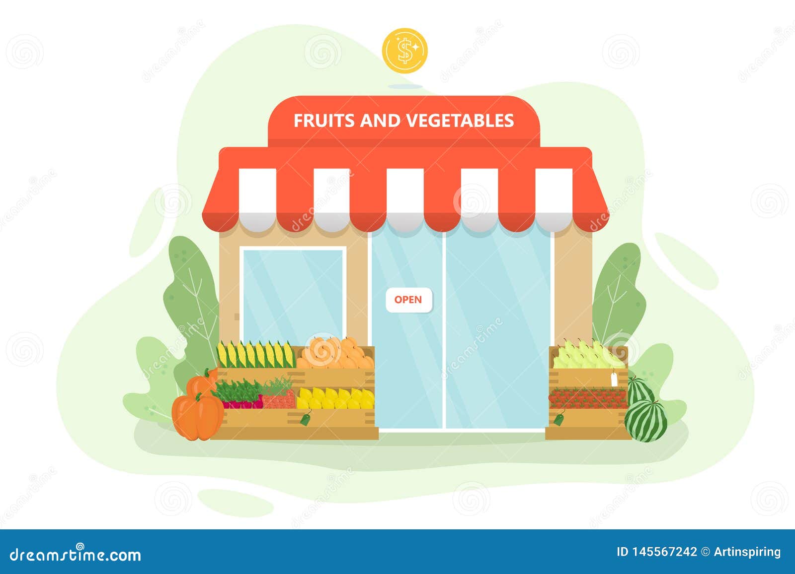 Fruit and Vegetable Shop. Green Market with Showcase Stock Vector -  Illustration of icon, local: 145567242