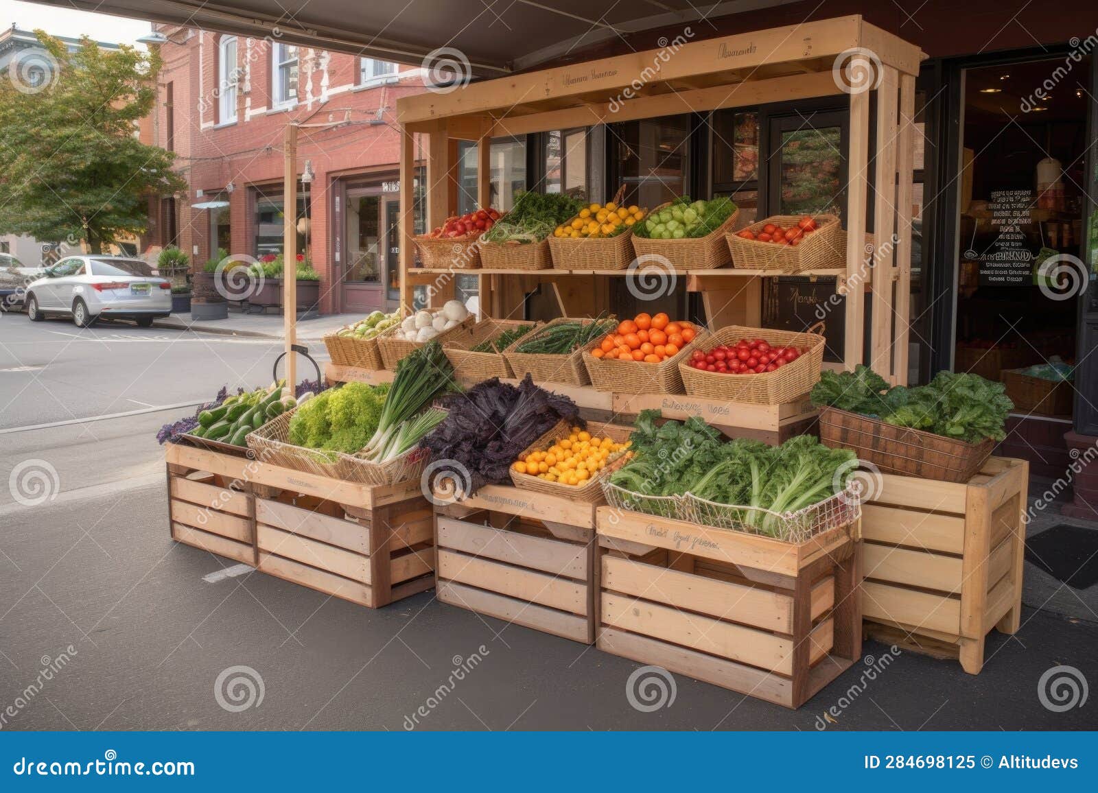 Fruit and Vegetable Stand with Fresh Produce, Crates, Bins, and Baskets