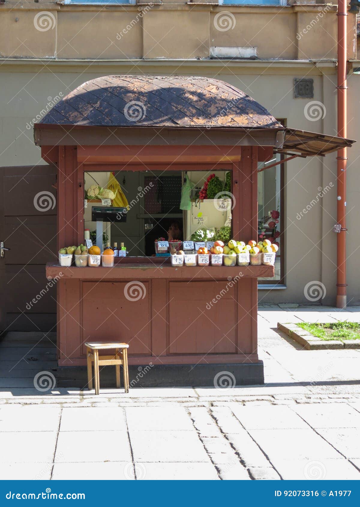 Fruit and vegetables kiosk in Kaunas. KAUNAS, LITHUANIA - CIRCA APRIL 2017: fruit and vegetables kiosk
