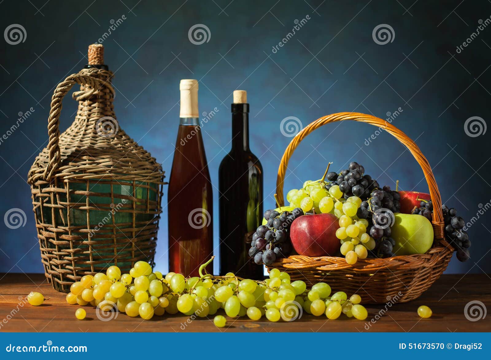 Fruit in a Wicker Basket and Wine in the Bottle Stock Photo Image of