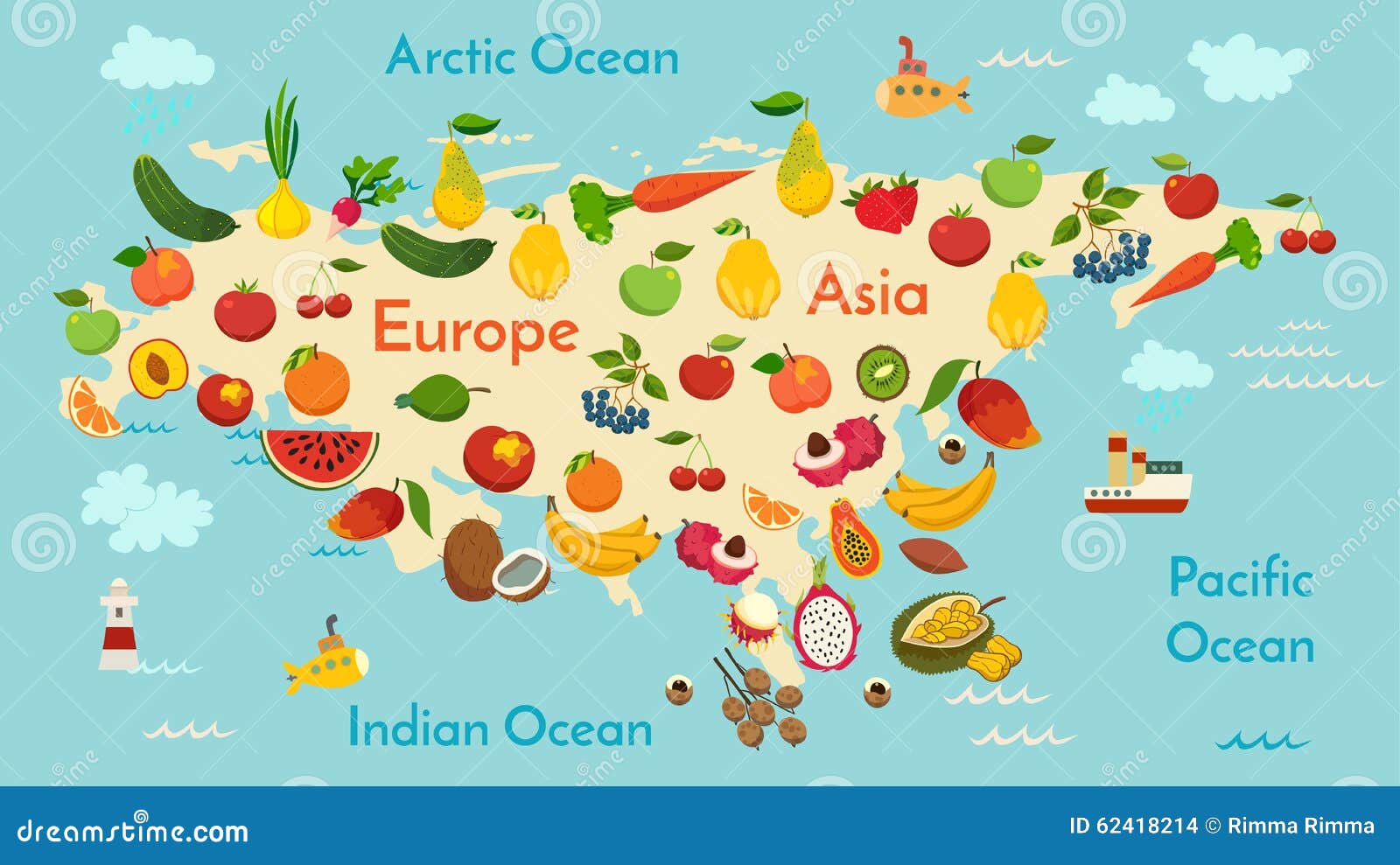 fruit world map, eurasia. stock vector - image: 62418214