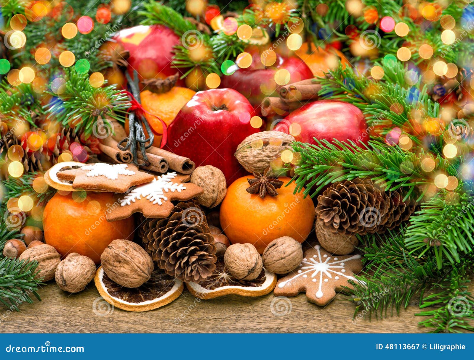Fruits, Christmas Cookies and Spices with Wonderful Lights Stock Image ...