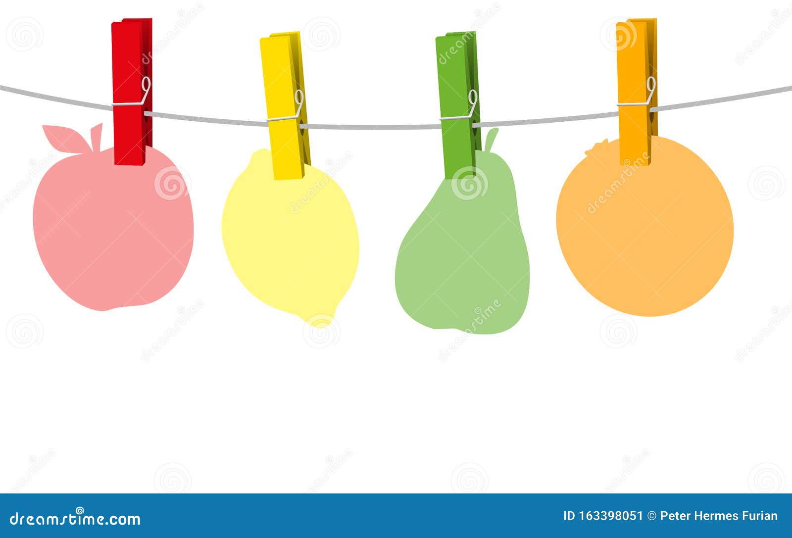 Six Clothes Pins Wooden Pegs Clothes Line Rope Cartoon Vector