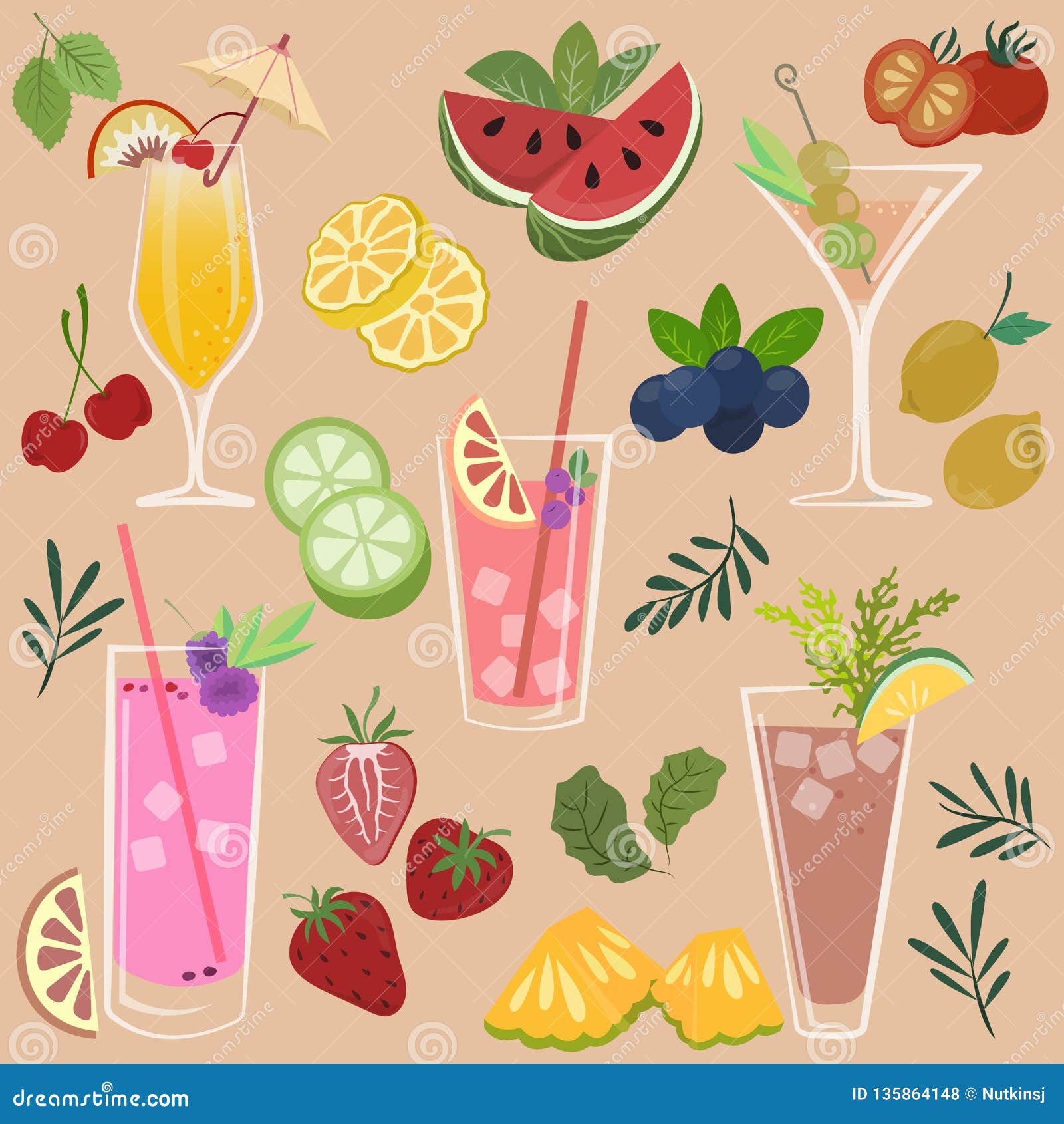 Fruits and Drinks stock vector. Illustration of drink 135864148